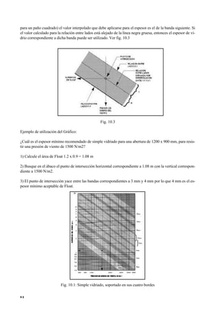 para un paño cuadrado) el valor interpolado que debe aplicarse para el espesor es el de la banda siguiente. Si
el valor calculado para la relación entre lados está alejado de la línea negra gruesa, entonces el espesor de vi-
drio correspondiente a dicha banda puede ser utilizado. Ver fig. 10.3
Fig. 10.3
Ejemplo de utilización del Gráfico:
¿Cuál es el espesor mínimo recomendado de simple vidriado para una abertura de 1200 x 900 mm, para resis-
tir una presión de viento de 1500 N/m2?
1) Calcule el área de Float 1.2 x 0.9 = 1.08 m
2) Busque en el ábaco el punto de intersección horizontal correspondiente a 1.08 m con la vertical correspon-
diente a 1500 N/m2.
3) El punto de intersección yace entre las bandas correspondientes a 3 mm y 4 mm por lo que 4 mm es el es-
pesor mínimo aceptable de Float.
Fig. 10.1: Simple vidriado, soportado en sus cuatro bordes
8 2
 
