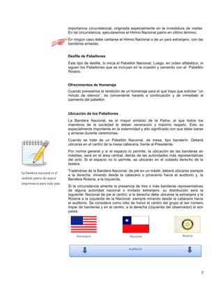 7
La bandera nacional es el
símbolo patrio de mayor
importancia para todo país.
importancia circunstancial, originada especialmente en la investidura de visitas.
En tal circunstancia, ejecutaremos el Himno Nacional patrio en último término.
En ningún caso debe cantarse el Himno Nacional o de un país extranjero, con las
banderas arriadas.
Desfile de Pabellones
Este tipo de desfile, lo inicia el Pabellón Nacional. Luego, en orden alfabético, lo
siguen los Pabellones que se incluyan en la ocasión y cerrando con el Pabellón
Rotario.
Ofrecimientos de Homenaje
Cuando preveamos la rendición de un homenaje para el que haya que solicitar ‘‘un
minuto de silencio’’, es conveniente hacerlo a continuación y de inmediato al
izamiento del pabellón.
Ubicación de los Pabellones
La Bandera Nacional, es el mayor símbolo de la Patria, al que todos los
miembros de la sociedad le deben veneración y máximo respeto. Esto es
especialmente importante en la solemnidad y alto significado con que debe izarse
y arriarse durante ceremonias.
Cuando se trate de un Pabellón Nacional, de mesa, tipo banderín: Deberá
ubicarse en el centro de la mesa cabecera, frente al Presidente.
Por norma general y si el espacio lo permite, la ubicación de las banderas en
mástiles, será en el área central, detrás de las autoridades más representativas
del acto. Si el espacio no lo permite, se ubicarán en el costado derecho de la
testera.
Tratándose de la Bandera Nacional, de pié en un mástil, deberá ubicarse siempre
a la derecha, mirando desde la cabecera o proscenio hacia el auditorio y, la
Bandera Rotaría, a la Izquierda.
Si la circunstancia amerita la presencia de tres o más banderas representativas
de alguna autoridad nacional o invitado extranjero, su distribución será la
siguiente: Nacional de pie al centro, a la derecha debe ubicarse la extranjera y la
Rotaría a la izquierda de la Nacional, siempre mirando desde la cabecera hacia
el auditorio. Se considera como sitio de honor el centro del grupo al ser número
impar de banderas y en el centro, a la derecha (izquierda del observador) si son
pares.
Extranjera Nacional Rotaria
Auditorio
 