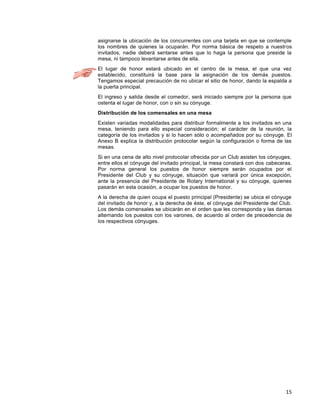15
asignarse la ubicación de los concurrentes con una tarjeta en que se contemple
los nombres de quienes la ocuparán. Por norma básica de respeto a nuestros
invitados, nadie deberá sentarse antes que lo haga la persona que preside la
mesa, ni tampoco levantarse antes de ella.
El lugar de honor estará ubicado en el centro de la mesa, el que una vez
establecido, constituirá la base para la asignación de los demás puestos.
Tengamos especial precaución de no ubicar el sitio de honor, dando la espalda a
la puerta principal.
El ingreso y salida desde el comedor, será iniciado siempre por la persona que
ostenta el lugar de honor, con o sin su cónyuge.
Distribución de los comensales en una mesa
Existen variadas modalidades para distribuir formalmente a los invitados en una
mesa, teniendo para ello especial consideración; el carácter de la reunión, la
categoría de los invitados y si lo hacen sólo o acompañados por su cónyuge. El
Anexo B explica la distribución protocolar según la configuración o forma de las
mesas.
Si en una cena de alto nivel protocolar ofrecida por un Club asisten los cónyuges,
entre ellos el cónyuge del invitado principal, la mesa constará con dos cabeceras.
Por norma general los puestos de honor siempre serán ocupados por el
Presidente del Club y su cónyuge, situación que variará por única excepción,
ante la presencia del Presidente de Rotary International y su cónyuge, quienes
pasarán en esta ocasión, a ocupar los puestos de honor.
A la derecha de quien ocupa el puesto principal (Presidente) se ubica el cónyuge
del invitado de honor y, a la derecha de éste, el cónyuge del Presidente del Club.
Los demás comensales se ubicarán en el orden que les corresponda y las damas
alternando los puestos con los varones, de acuerdo al orden de precedencia de
los respectivos cónyuges.
 
