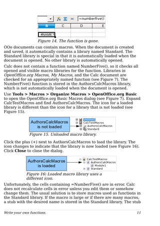Figure 14. The function is gone.
OOo documents can contain macros. When the document is created
and saved, it automatically contains a library named Standard. The
Standard library is special in that it is automatically loaded when the
document is opened. No other library is automatically opened.
Calc does not contain a function named NumberFive(), so it checks all
opened and visible macro libraries for the function. Libraries in
OpenOffice.org Macros, My Macros, and the Calc document are
checked for an appropriately named function (see Figure 7). The
NumberFive() function is stored in the AuthorsCalcMacros library,
which is not automatically loaded when the document is opened.
Use Tools > Macros > Organize Macros > OpenOffice.org Basic
to open the OpenOffice.org Basic Macros dialog (see Figure 7). Expand
CalcTestMacros and find AuthorsCalcMacros. The icon for a loaded
library is different than the icon for a library that is not loaded (see
Figure 15).
Figure 15. Unloaded macro library.
Click the plus (+) next to AuthorsCalcMacros to load the library. The
icon changes to indicate that the library is now loaded (see Figure 16).
Click Close to close the dialog.
Figure 16: Loaded macro library uses a
different icon.
Unfortunately, the cells containing =NumberFive() are in error. Calc
does not recalculate cells in error unless you edit them or somehow
change them. The usual solution is to store macros used as functions in
the Standard library. If the macro is large or if there are many macros,
a stub with the desired name is stored in the Standard library. The stub
Write your own functions 11
 