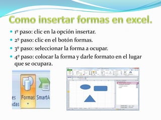  1º paso: clic en la opción insertar.
 2º paso: clic en el botón formas.
 3º paso: seleccionar la forma a ocupar.
 4º paso: colocar la forma y darle formato en el lugar

que se ocupara.

 