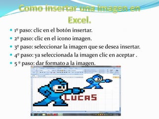  1º paso: clic en el botón insertar.
 2º paso: clic en el icono imagen.
 3º paso: seleccionar la imagen que se desea insertar.
 4º paso: ya seleccionada la imagen clic en aceptar .
 5 º paso: dar formato a la imagen.

 
