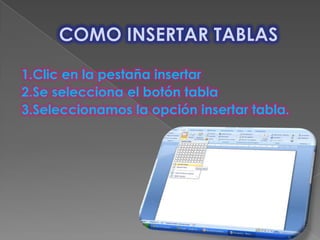 1.Clic en la pestaña insertar
2.Se selecciona el botón tabla
3.Seleccionamos la opción insertar tabla.
 