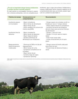 Capítulo 3. Cuidados de la vaca al secado y en el periodo preparto
25
¿Por qué es importante otorgar buenas instalaciones
y manejos durante el periodo preparto?
En este período es aconsejable minimizar la exposi-
ción a factores estresantes, como la competencia por
el alimento, agua o lugar para echarse. Instalaciones y
manejos inadecuados tienen impactos negativos en el
comportamiento de la vaca, por lo tanto, pueden reper-
cutir en su estado de salud (tabla 1).
Tabla 1. Efecto de prácticas de manejo sobre el comportamiento de la vaca lechera y recomendaciones para el periodo periparto (Adaptado de Sepúlveda-Varas
et al., 2013).	
Práctica de manejo
Insuficiente espacio
en el comedero
Insuficiente área de
descanso
Reagrupamientos
Áreas de descanso
inadecuadas
Consecuencia en el
comportamiento
· Mayor competencia
· Menor tiempo de alimentación
· Mayor tiempo de pie
· Efecto variable en el consumo de
materia seca(CMS)
· Mayor competencia
· Menor tiempo de descanso
· Mayor riesgo de cojeras
· Sacrificio del tiempo de
alimentación por el descanso
· Disminuye el CMS en el día del
reagrupamiento
· Menor tiempo de rumia
· Aumenta la competencia en el
comedero
· Mayor tiempo de pie
· Aumenta riesgo de cojera
· Aumenta el “perching”
Recomendación
· Otorgar espacio de comedero de 80 cm
lineales por vaca (o 1 atrapa-cabeza)
· Atrapa cabeza reducen la competencia
· Aumentar frecuencia de entrega de
alimento fresco para aumentar el tiempo
de alimentación
· Otorgar 1 cama por vaca
· Otorgar 15 m2 por vaca en materni-
dades
· Evitar mover vacas solas
· Limitar el hacinamiento en el nuevo
grupo
· Otorgar camas de tamaño adecuado
para el tipo de vaca
· Proveer áreas de descanso limpias y
secas
25
 