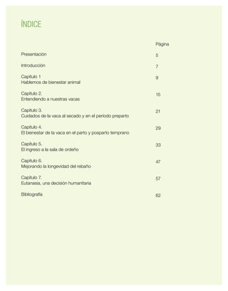 ÍNDICE
Presentación
Introducción
Capítulo 1
Hablemos de bienestar animal
Capítulo 2.
Entendiendo a nuestras vacas
Capítulo 3.
Cuidados de la vaca al secado y en el período preparto
Capítulo 4.
El bienestar de la vaca en el parto y posparto temprano
Capítulo 5.
El ingreso a la sala de ordeño
Capítulo 6.
Mejorando la longevidad del rebaño
Capítulo 7.
Eutanasia, una decisión humanitaria
Bibliografía
Página
5
7
9
15
21
29
33
47
57
62
 