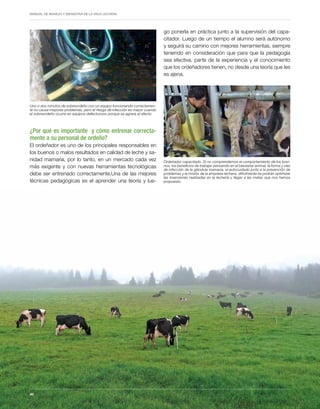 Periodo de transición y su impacto en la salud y bienestar de vacas lecheras
MANUAL DE MANEJO Y BIENESTAR DE LA VACA LECHERA
46
go ponerla en práctica junto a la supervisión del capa-
citador. Luego de un tiempo el alumno será autónomo
y seguirá su camino con mejores herramientas, siempre
teniendo en consideración que para que la pedagogía
sea efectiva, parte de la experiencia y el conocimiento
que los ordeñadores tienen, no desde una teoría que les
es ajena.
¿Por qué es importante y cómo entrenar correcta-
mente a su personal de ordeño?
El ordeñador es uno de los principales responsables en
los buenos o malos resultados en calidad de leche y sa-
nidad mamaria, por lo tanto, en un mercado cada vez
más exigente y con nuevas herramientas tecnológicas
debe ser entrenado correctamente.Una de las mejores
técnicas pedagógicas es el aprender una teoría y lue-
Uno o dos minutos de sobreordeño con un equipo funcionando correctamen-
te no causa mayores problemas, pero el riesgo de infección es mayor cuando
el sobreordeño ocurre en equipos defectuosos porque se agrava el efecto.
Ordeñador capacitado. Si no comprendemos el comportamiento de los bovi-
nos, los beneficios de trabajar pensando en el bienestar animal, la forma y vías
de infección de la glándula mamaria, el autocuidado junto a la prevención de
problemas y la misión de la empresa lechera, difícilmente se podrán optimizar
las inversiones realizadas en la lechería y llegar a las metas que nos hemos
propuesto.
46
 