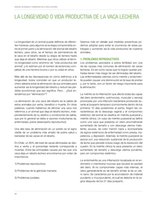 Periodo de transición y su impacto en la salud y bienestar de vacas lecheras
MANUAL DE MANEJO Y BIENESTAR DE LA VACA LECHERA
48
La longevidad de un animal puede definirse de diferen-
tes maneras: para algunos es la etapa comprendida en-
tre el primer parto y la eliminación del animal del rebaño
lechero, para otros, es el tiempo de permanencia de
la vaca en el rebaño desde su etapa de ternera hasta
que deja el rebaño. Mientras que otros utilizan el térmi-
no longevidad como sinónimo de “vida productiva del
animal”, y lo estiman por el número de lactancias com-
pletas de una hembra bovina o por su edad en años.
Más allá de las discrepancias en cómo definimos a la
longevidad, todos coinciden en que un productor le-
chero debería evitar la eliminación de sus animales para
aumentar así la longevidad del rebaño y reducir las pér-
didas económicas que eso significa. Pero… ¿Qué en-
tendemos por “eliminación”?
La eliminación de una vaca del rebaño es la salida de
estos animales por venta, beneficio o muerte. En otras
palabras, cuando hablamos de eliminar una vaca nos
referimos a un animal que deja el rebaño lechero, inde-
pendientemente de su destino o condiciones de salida,
que por lo general se debe a razones involuntarias (ej.
enfermedad, pobre desempeño reproductivo).
Una alta tasa de eliminación en un predio es el signo
visible de un problema más amplio de pobre salud y
bienestar de las vacas en el rebaño.
En Chile, un 80% del total de vacas eliminadas se des-
tina a venta y el porcentaje restante corresponde a
muertes. Entre las principales causas por las que una
vaca deja un rebaño lechero encontramos por orden de
importancia:
1) Problemas reproductivos
2) Problemas de la glándula mamaria
3) Problemas podales.
Veamos más en detalle qué medidas preventivas po-
demos adoptar para evitar la ocurrencia de estas pa-
tologías y aumentar así la vida productiva de nuestros
animales.
1. Problemas Reproductivos
Los problemas asociados a pobre fertilidad son una
de las causas más comunes de eliminación de vacas
lecheras. Es así como vacas que no logran quedar pre-
ñadas tienen más riesgo de ser eliminadas del rebaño.
Las enfermedades uterinas como metritis y endometri-
tis pueden causar una disminución en la tasa de preñez
y, por lo tanto, son un factor de riesgo importante para
la eliminación.
La metritis es la inflamación que afecta todas las capas
del útero (endometrio, submucosa, muscular y serosa)
provocada por una infección bacteriana producida du-
rante el posparto temprano (comúnmente dentro de los
primeros 10 días posteriores al parto). Según las ca-
racterísticas de la descarga vaginal y el compromiso
sistémico del animal se clasifica en metritis puerperal y
metritis clínica. Un caso de metritis puerperal se define
como una vaca que presenta un útero anormalmente
aumentado de tamaño y con descarga uterina malo-
liente, acuosa, de color marrón rojiza y acompañada
de signos sistémicos de enfermedad como pirexia, ina-
petencia, y depresión. Además, la metritis puerperal se
asocia con una reducción sustancial de la producción
de leche que persiste incluso luego de la resolución del
cuadro. En la metritis clínica la vaca presenta un útero
aumentado de tamaño y descarga uterina purulenta,
pero sin compromiso sistémico.
La endometritis es una inflamación localizada en el en-
dometrio o membrana mucosa que recubre la cavidad
del útero. Al no comprometer capas más internas, el
útero generalmente es de tamaño similar al de un úte-
ro sano. Se caracteriza por la acumulación de material
purulento o mucopurulento, el cual se detecta en la va-
gina después de los 21 días posparto.
LA LONGEVIDAD O VIDA PRODUCTIVA DE LA VACA LECHERA
 