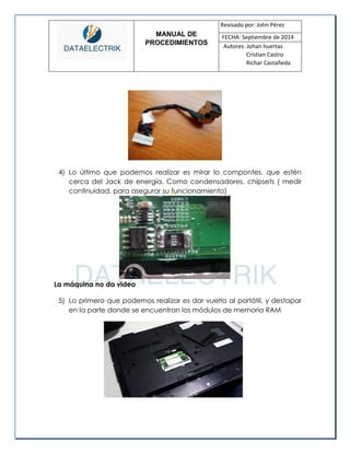 MANUAL DE 
PROCEDIMIENTOS 
Revisado por: John Pérez 
FECHA: Septiembre de 2014 
Autores: Johan huertas 
Cristian Castro 
Richar Castañeda 
4) Lo último que podemos realizar es mirar lo compontes, que estén cerca del Jack de energía. Como condensadores, chipsets ( medir continuidad, para asegurar su funcionamiento) 
La máquina no da video 
5) Lo primero que podemos realizar es dar vuelta al portátil, y destapar en la parte donde se encuentran los módulos de memoria RAM 
 