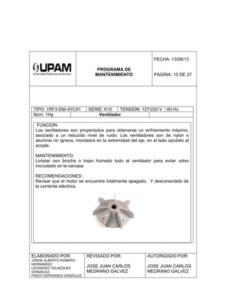 PROGRAMA DE
MANTENIMIENTO
FECHA: 13/08/13
PAGINA: 10 DE 27
TIPO: 1RF3 056-4YC41 SERIE: K10 TENSIÓN: 127/220 V 60 Hz
Núm. 1Hp Ventilador
FUNCION:
Los ventiladores son proyectados para obtenerse un enfriamiento máximo,
asociado a un reducido nivel de ruido. Los ventiladores son de nylon o
aluminio no ígneos, montados en la extremidad del eje, en el lado opuesto al
acople.
MANTENIMIENTO:
Limpiar con brocha o trapo húmedo todo el ventilador para evitar volvo
incrustado en la carcasa
RECOMENDACIONES:
Revisar que el motor se encuentre totalmente apagado. Y desconectado de
la corriente eléctrica.
ELABORADO POR:
JORGE ALBERTO ROMERO
HERNANDEZ
LEONARDO VELAZQUEZ
GONZALEZ,
FREDY ESPERIDES GONZALEZ,
REVISADO POR:
JOSE JUAN CARLOS
MEDRANO GALVEZ
AUTORIZADO POR:
JOSE JUAN CARLOS
MEDRANO GALVEZ
 
