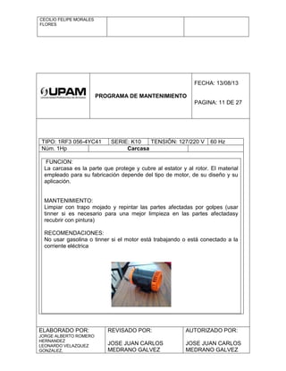 CECILIO FELIPE MORALES
FLORES
PROGRAMA DE MANTENIMIENTO
FECHA: 13/08/13
PAGINA: 11 DE 27
TIPO: 1RF3 056-4YC41 SERIE: K10 TENSIÓN: 127/220 V 60 Hz
Núm. 1Hp Carcasa
FUNCION:
La carcasa es la parte que protege y cubre al estator y al rotor. El material
empleado para su fabricación depende del tipo de motor, de su diseño y su
aplicación.
MANTENIMIENTO:
Limpiar con trapo mojado y repintar las partes afectadas por golpes (usar
tinner si es necesario para una mejor limpieza en las partes afectadasy
recubrir con pintura)
RECOMENDACIONES:
No usar gasolina o tinner si el motor está trabajando o está conectado a la
corriente eléctrica
ELABORADO POR:
JORGE ALBERTO ROMERO
HERNANDEZ
LEONARDO VELAZQUEZ
GONZALEZ,
REVISADO POR:
JOSE JUAN CARLOS
MEDRANO GALVEZ
AUTORIZADO POR:
JOSE JUAN CARLOS
MEDRANO GALVEZ
 