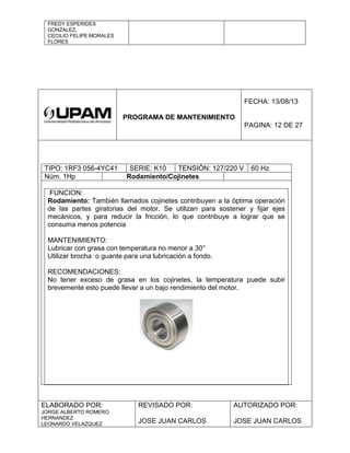 FREDY ESPERIDES
GONZALEZ,
CECILIO FELIPE MORALES
FLORES
PROGRAMA DE MANTENIMIENTO
FECHA: 13/08/13
PAGINA: 12 DE 27
TIPO: 1RF3 056-4YC41 SERIE: K10 TENSIÓN: 127/220 V 60 Hz
Núm. 1Hp Rodamiento/Cojinetes
FUNCION:
Rodamiento: También llamados cojinetes contribuyen a la óptima operación
de las partes giratorias del motor. Se utilizan para sostener y fijar ejes
mecánicos, y para reducir la fricción, lo que contribuye a lograr que se
consuma menos potencia
MANTENIMIENTO:
Lubricar con grasa con temperatura no menor a 30°
Utilizar brocha o guante para una lubricación a fondo.
RECOMENDACIONES:
No tener exceso de grasa en los cojinetes, la temperatura puede subir
brevemente esto puede llevar a un bajo rendimiento del motor.
ELABORADO POR:
JORGE ALBERTO ROMERO
HERNANDEZ
LEONARDO VELAZQUEZ
REVISADO POR:
JOSE JUAN CARLOS
AUTORIZADO POR:
JOSE JUAN CARLOS
 
