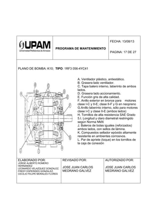 PROGRAMA DE MANTENIMIENTO
FECHA: 13/08/13
PAGINA: 17 DE 27
PLANO DE BOMBA: K10; TIPO: 1RF3 056-4YC41
A. Ventilador plástico, antiestático.
B. Grasera lado ventilador.
C. Tapa balero interno, laberinto de ambos
lados.
D. Grasera lado accionamiento.
E. Función gris de alta calidad.
F. Anillo exterior en bronce para motores
clase I-C y II-E; clase II-F y G en neopreno
G.Anillo laberinto interno, sólo para motores
clase I-C y clase II-E (ambos lados)
H. Tornillos de alta resistencia SAE Grado
5.I. Longitud y claro diametral restringido
según Norma NMX
J. Baleros de bolas iguales (reforzados)
ambos lados, con sellos de lámina.
K. Compuestos sellador epóxido altamente
resistente en ambientes corrosivos.
L. Par de apriete (toque) en los tornillos de
la caja de conexión
ELABORADO POR:
JORGE ALBERTO ROMERO
HERNANDEZ
LEONARDO VELAZQUEZ GONZALEZ,
FREDY ESPERIDES GONZALEZ,
CECILIO FELIPE MORALES FLORES
REVISADO POR:
JOSE JUAN CARLOS
MEDRANO GALVEZ
AUTORIZADO POR:
JOSE JUAN CARLOS
MEDRANO GALVEZ
 