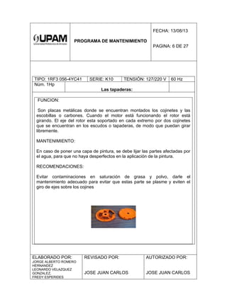 PROGRAMA DE MANTENIMIENTO
FECHA: 13/08/13
PAGINA: 6 DE 27
TIPO: 1RF3 056-4YC41 SERIE: K10 TENSIÓN: 127/220 V 60 Hz
Núm. 1Hp
Las tapaderas:
FUNCION:
Son placas metálicas donde se encuentran montados los cojinetes y las
escobillas o carbones. Cuando el motor está funcionando el rotor está
girando. El eje del rotor esta soportado en cada extremo por dos cojinetes
que se encuentran en los escudos o tapaderas, de modo que puedan girar
libremente.
MANTENIMIENTO:
En caso de poner una capa de pintura, se debe lijar las partes afectadas por
el agua, para que no haya desperfectos en la aplicación de la pintura.
RECOMENDACIONES:
Evitar contaminaciones en saturación de grasa y polvo, darle el
mantenimiento adecuado para evitar que estas parte se plasme y eviten el
giro de ejes sobre los cojines
ELABORADO POR:
JORGE ALBERTO ROMERO
HERNANDEZ
LEONARDO VELAZQUEZ
GONZALEZ,
FREDY ESPERIDES
REVISADO POR:
JOSE JUAN CARLOS
AUTORIZADO POR:
JOSE JUAN CARLOS
 