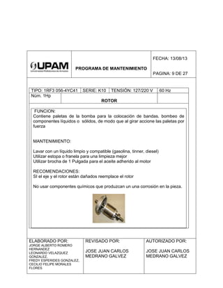 PROGRAMA DE MANTENIMIENTO
FECHA: 13/08/13
PAGINA: 9 DE 27
TIPO: 1RF3 056-4YC41 SERIE: K10 TENSIÓN: 127/220 V 60 Hz
Núm. 1Hp
ROTOR
FUNCION:
Contiene paletas de la bomba para la colocación de bandas. bombeo de
componentes líquidos o sólidos, de modo que al girar accione las paletas por
fuerza
MANTENIMIENTO:
Lavar con un líquido limpio y compatible (gasolina, tinner, diesel)
Utilizar estopa o franela para una limpieza mejor
Utilizar brocha de 1 Pulgada para el aceite adherido al motor
RECOMENDACIONES:
SI el eje y el rotor están dañados reemplace el rotor
No usar componentes químicos que produzcan un una corrosión en la pieza.
ELABORADO POR:
JORGE ALBERTO ROMERO
HERNANDEZ
LEONARDO VELAZQUEZ
GONZALEZ,
FREDY ESPERIDES GONZALEZ,
CECILIO FELIPE MORALES
FLORES
REVISADO POR:
JOSE JUAN CARLOS
MEDRANO GALVEZ
AUTORIZADO POR:
JOSE JUAN CARLOS
MEDRANO GALVEZ
 
