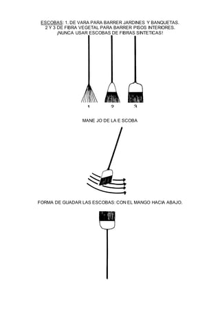 ESCOBAS: 1. DE VARA PARA BARRER JARDINES Y BANQUETAS.
2 Y 3 DE FIBRA VEGETAL PARA BARRER PISOS INTERIORES.
¡NUNCA USAR ESCOBAS DE FIBRAS SINTETICAS!
MANE JO DE LA E SCOBA
FORMA DE GUADAR LAS ESCOBAS: CON EL MANGO HACIA ABAJO.
 