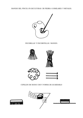 MANEJO DEL PINCEL EN ESCULTURAS DE PIEDRA O SIMILARES Y METALES.
ESCOBILLAS Y ESCOBETILLAS: MANEJO.
CEPILLOS DE MANO: USO Y FORMA DE GUARDARLO
 