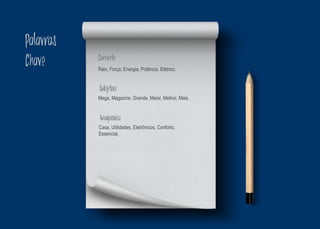 RaffPalavras
Chave Concreto
Raio, Força, Energia, Potência, Elétrico.
Subjetivo
Mega, Magazine, Grande, Maior, Melhor, Mais.
Imaginário
Casa, Utilidades, Eletrônicos, Conforto,
Essencial,
 