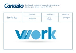 Um dia pode construir. A cada dia temos precisamos
construir para realizar a missão atribuida.
Semiótica
Conceito
Montagem Ludico
Solução
Montagem
Concreto Imaginário Simbólico
 
