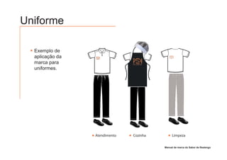 Uniforme

  Exemplo de
  aplicação da
  marca para
  uniformes.




                 Atendimento   Cozinha        Limpeza


                                         Manual de marca do Sabor de Realengo
 