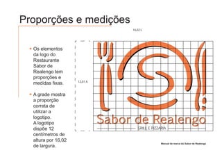 Proporções e medições
                                    16,02 L




  Os elementos
  da logo do
  Restaurante
  Sabor de
  Realengo tem
  proporções e
                     12,01 A
  medidas fixas.

  A grade mostra
  a proporção
  correta de
  utilizar a
  logotipo.
  A logotipo                   Sabor de Realengo
  dispõe 12                            GRILL E PIZZARIA
  centímetros de
  altura por 16,02
                                                    Manual de marca do Sabor de Realengo
  de largura.
 