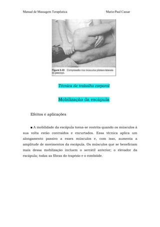 Manual de Massagem Terapêutica                        Mario-Paul Cassar




                       Técnica de trabalho corporal


                       Mobilização da escápula


     Efeitos e aplicações


     ■ A mobilidade da escápula torna-se restrita quando os músculos à
sua volta estão contraídos e encurtados. Essa técnica aplica um
alongamento passivo a esses músculos e, com isso, aumenta a
amplitude de movimentos da escápula. Os músculos que se beneficiam
mais dessa mobilização incluem o serrátil anterior; o elevador da
escápula; todas as fibras do trapézio e o rombóide.
 