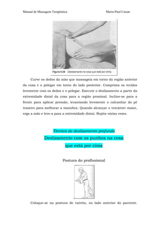 Manual de Massagem Terapêutica                       Mario-Paul Cassar




     Curve os dedos da mão que massageia em torno da região anterior
da coxa e o polegar em torno do lado posterior. Comprima os tecidos
levemente com os dedos e o polegar. Execute o deslizamento a partir da
extremidade distal da coxa para a região proximal. Incline-se para a
frente para aplicar pressão, levantando levemente o calcanhar do pé
traseiro para melhorar a manobra. Quando alcançar o trocânter maior,
erga a mão e leve-a para a extremidade distai. Repita várias vezes.




                    Técnica de deslizamento profundo
              Deslizamento com os punhos na coxa
                            que está por cima


                          Postura do profissional




     Coloque-se na postura de vaivém, no lado anterior do paciente.
 