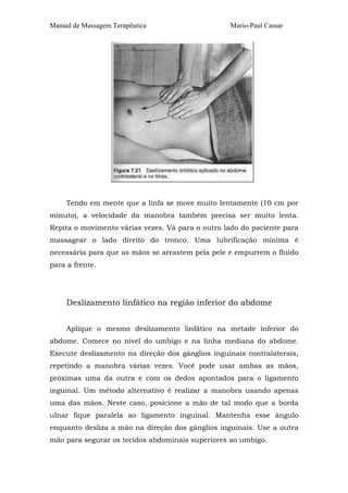 Manual de Massagem Terapêutica Mario-Paul Cassar
Tendo em mente que a linfa se move muito lentamente (10 cm por
minuto), a velocidade da manobra também precisa ser muito lenta.
Repita o movimento várias vezes. Vá para o outro lado do paciente para
massagear o lado direito do tronco. Uma lubrificação mínima é
necessária para que as mãos se arrastem pela pele e empurrem o fluido
para a frente.
Deslizamento linfático na região inferior do abdome
Aplique o mesmo deslizamento linfático na metade inferior do
abdome. Comece no nível do umbigo e na linha mediana do abdome.
Execute deslizamento na direção dos gânglios inguinais contralaterais,
repetindo a manobra várias vezes. Você pode usar ambas as mãos,
próximas uma da outra e com os dedos apontados para o ligamento
inguinal. Um método alternativo é realizar a manobra usando apenas
uma das mãos. Neste caso, posicione a mão de tal modo que a borda
ulnar fique paralela ao ligamento inguinal. Mantenha esse ângulo
enquanto desliza a mão na direção dos gânglios inguinais. Use a outra
mão para segurar os tecidos abdominais superiores ao umbigo.
 
