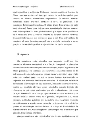 Manual de Massagem Terapêutica                          Mario-Paul Cassar

partes somática e autônoma. O sistema nervoso somático é formado de
fibras nervosas (motoneurônios), que partem da medula espinhal para
inervar   as   células   musculares   esqueléticas.    O   sistema   nervoso
autônomo inerva músculos cardíacos e lisos, as glândulas e os
neurônios do trato gastrintestinal. O último grupo de neurônios do trato
gastrintestinal forma uma rede nervosa especializada (sistema nervoso
entérico) na parede do trato gastrintestinal, que regula suas glândulas e
seus músculos lisos. A divisão aferente do sistema nervoso periférico
transmite informações dos receptores para o     SNC.   Uma extremidade do
neurônio aferente (o axônio central) une a medula espinhal e a outra
porção (a extremidade periférica), que termina no tecido ou órgão.




     Receptores


     Os receptores estão situados nos terminais periféricos dos
neurônios aferentes (sensoriais), e sua função é responder a alterações
tanto do ambiente externo quanto do interno (do próprio organismo). As
fibras periféricas ou terminais dos neurônios sensoriais (como os da
pele ou dos tecidos subcutâneos) podem formar o receptor. Uma célula
adjacente também pode executar a mesma função, transmitindo os
impulsos aos terminais nervosos do neurônio. Os receptores sensoriais
respondem a mudanças em seu ambiente, iniciando a atividade neural
dentro do neurônio aferente; essas atividades neurais iniciais são
chamadas de potenciais graduados, que são traduzidos em potenciais
de ação. O estímulo, ou a energia, que ativa um receptor sensorial pode
assumir muitas formas, como tato, pressão, temperatura, luz, ondas
sonoras, moléculas químicas etc. A maioria dos receptores responde
especificamente a uma forma de estímulo; contudo, em potencial, todos
podem ser ativados por diversas formas de energia se a intensidade for
suficientemente alta. Os nociceptores, por exemplo, são estimulados por
pressão, temperatura e toxinas.
     Alguns receptores são encontrados nos tecidos periféricos ou na
 