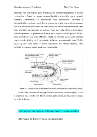 Manual de Massagem Terapêutica                          Mario-Paul Cassar

pressões são suficientes para estimular os mecanorreceptores e causar
contrações reflexas da parede do vaso Iinfático. À medida que a pressão
aumenta     levemente,    a      velocidade   das   contrações   também     é
intensificada; contudo, uma força grande de mais tem o efeito oposto,
isto é, o fluxo de linfa torna-se mais lento ou cessa completamente. Isso
pode resultar na formação de edema. Para que seja eficaz, a massagem
linfática precisa ter pressão suficiente para impelir a linfa para a frente,
sem prejudicar seu fluxo (Mislin, 1976). A pressão necessária começa
em cerca de 4,39 g cm"2 no capilar Iinfático, aumentando para 35,15-
52,73 g cm"2 nos vasos e dutos linfáticos. No edema crônico, uma
pressão levemente maior pode ser necessária.




     Uma linfa com uma longa permanência numa mesma região rende
a espessar-se, e pode ser difícil passar pela abertura fina (ou estorna)
na rede linfática.




     Efeitos mecânicos e reflexos sobre os músculos

     Alteração do fluxo venoso nos músculos
 