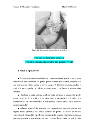 Manual de Massagem Terapêutica                      Mario-Paul Cassar




                       Técnica de trabalho corporal
               Técnica neuromuscular na panturrilha


     Efeitos e aplicações


       A congestão na camada fascial e na camada de gordura na região
medial da parte inferior da perna pode causar dor e criar compressão
em estruturas vitais, como o nervo safeno. A técnica neuromuscular é
aplicada para ajudar a reduzir a congestão e melhorar o estado dos
tecidos.
           Embora a veia safena também seja afetada, a congestão pode
estar presente dentro da própria veia. Isso geralmente é reduzido com
movimentos de deslizamento e melhorado ainda mais pela técnica
neuromuscular.
       A bolsa sinovial da inserção dos isquiotibiais (pata de ganso), na
região mais proximal da parte inferior da perna, é outra estrutura
suscetível à congestão e pode ser tratada pela técnica neuromuscular. A
pata de ganso é a inserção tendinosa comum do sartório, do grácil e do
 