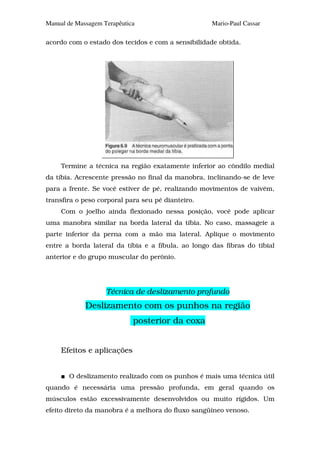 Manual de Massagem Terapêutica                      Mario-Paul Cassar

acordo com o estado dos tecidos e com a sensibilidade obtida.




     Termine a técnica na região exatamente inferior ao côndilo medial
da tíbia. Acrescente pressão no final da manobra, inclinando-se de leve
para a frente. Se você estiver de pé, realizando movimentos de vaivém,
transfira o peso corporal para seu pé dianteiro.
     Com o joelho ainda flexionado nessa posição, você pode aplicar
uma manobra similar na borda lateral da tíbia. No caso, massageie a
parte inferior da perna com a mão ma lateral. Aplique o movimento
entre a borda lateral da tíbia e a fíbula, ao longo das fibras do tibial
anterior e do grupo muscular do perônio.




                    Técnica de deslizamento profundo
             Deslizamento com os punhos na região
                             posterior da coxa


     Efeitos e aplicações


       O deslizamento realizado com os punhos é mais uma técnica útil
quando é necessária uma pressão profunda, em geral quando os
músculos estão excessivamente desenvolvidos ou muito rígidos. Um
efeito direto da manobra é a melhora do fluxo sangüíneo venoso.
 