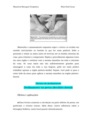 Manual de Massagem Terapêutica                      Mario-Paul Cassar




     Mantenha o amassamento enquanto ergue e retorce os tecidos em
sentido anti-horário ou horário (o que for mais prático). Solte a
preensão e relaxe as mãos antes de levá-las até as bordas externas da
coxa, para reiniciar a compressão. Repita o procedimento algumas vezes
em uma região e continue com a mesma manobra em toda a extensão
da coxa. Se suas mãos não são suficientemente grandes para
massagear a coxa em toda a sua largura, pode ser mais prático
trabalhar apenas a região póstero-medial. Depois, você pode ir para o
outro lado da maca para aplicar a mesma manobra na região póstero-
lateral.


                          Técnica de deslizamento
            Deslizamento na perna (decúbito dorsal)

     Efeitos e aplicações


       Essa técnica aumenta a circulação na parte inferior da perna, em
particular o retorno venoso. Além disso, exerce influência sobre a
drenagem linfática, tanto local quanto sistemicamente.
 