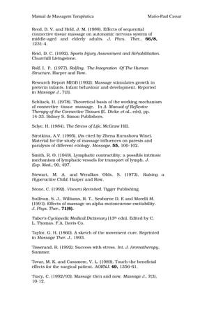 Manual de Massagem Terapêutica                             Mario-Paul Cassar

Reed, B. V. and Held, J. M. (1988). Effects of sequential
connective tissue massage on autonomic nervous system of
middle-aged and elderly adults. J. Phvs. Ther., 66/8,
1231-4.

Reid, D. C. (1992). Sports Injury Assessment and Rehabilitation.
Churchill Livingstone.

Rolf, I. P. (1977). Rolfing, The Integration Of The Human
Structure. Harper and Row.

Research Report MIGB (1992): Massage stimulates growth in
preterm infants. Infant behaviour and development. Reported
in Massage J., 7(3).

Schliack, H. (1978). Theoretical basis of the working mechanism
of connective tissue massage. In A Manual of Reflexive
Therapy of the Connective Tissues (E. Dicke et al., eds), pp.
14-33. Sidney S. Simon Publishers.

Selye, H. (1984). The Stress of Life. McGraw Hill.

Sirotkina, A.V. (1995). (As cited by Zhena Kurashova Wine).
Material for the study of massage influences on paresis and
paralysis of different etiology. Massage, 55, 100-102.

Smith, R. O. (1949). Lymphatic contractility, a possible intrinsic
mechanism of lymphatic vessels for transport of lymph. J.
Exp. Med., 90, 497.

Stewart, M. A. and Wendkos Olds, S. (1973). Raising a
Hyperactive Child. Harper and Row.

Stone, C. (1992). Viscera Revisited. Tigger Publishing.

Sullivan, S. J., Williams, R. T., Seaborne D. E and Morelli M.
(1991). Effects of massage on alpha motoneurone excitability.
J. Phys. Ther., 71(8).

Taber's Cyclopedic Medical Dictionary (13lh edn). Edited by C.
L. Thomas. F.A. Davis Co.

Taylor, G. H. (1860). A sketch of the movement cure. Reprinted
in Massage Ther. J., 1993.

Tisserand, R. (1992). Success with stress. Int. J. Aromatherapy,
Summer.

Tovar, M. K. and Cassmere, V. L. (1989). Touch-the beneficial
effects for the surgical patient. AORNJ. 49, 1356-61.

Tracy, C. (1992/93). Massage then and now. Massage J., 7(3),
10-12.
 
