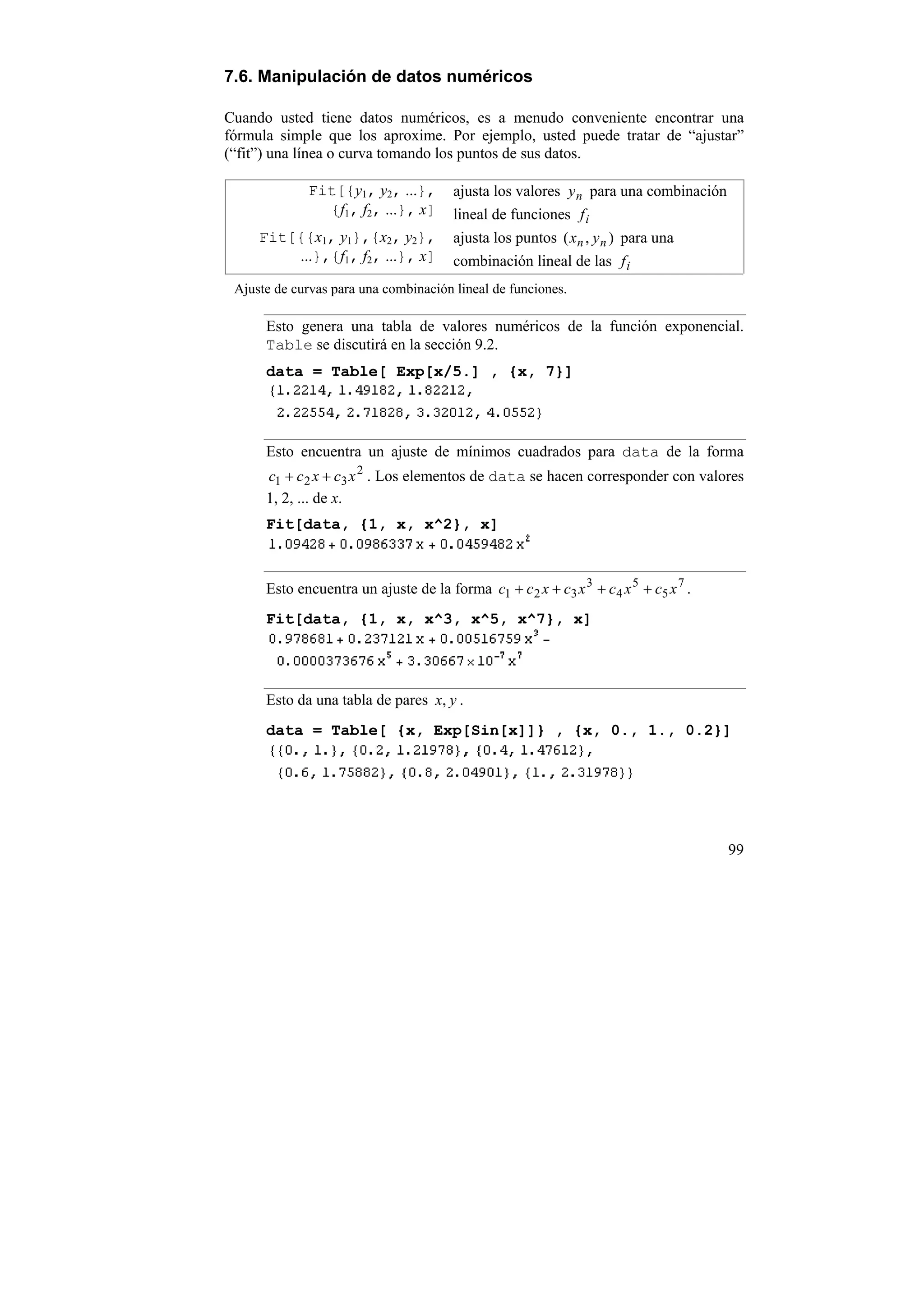7.6. Manipulación de datos numéricos

Cuando usted tiene datos numéricos, es a menudo conveniente encontrar una
fórmula simple que los aproxime. Por ejemplo, usted puede tratar de “ajustar”
(“fit”) una línea o curva tomando los puntos de sus datos.

             Fit[{y1, y2, ...},        ajusta los valores y n para una combinación
               {f1, f2, ...}, x]       lineal de funciones f i
     Fit[{{x1, y1},{x2, y2},           ajusta los puntos ( x n , y n ) para una
         ...},{f1, f2, ...}, x]        combinación lineal de las f i
 Ajuste de curvas para una combinación lineal de funciones.

      Esto genera una tabla de valores numéricos de la función exponencial.
      Table se discutirá en la sección 9.2.
      data = Table[ Exp[x/5.] , {x, 7}]




      Esto encuentra un ajuste de mínimos cuadrados para data de la forma
      c1 + c 2 x + c3 x 2 . Los elementos de data se hacen corresponder con valores
      1, 2, ... de x.
      Fit[data, {1, x, x^2}, x]



      Esto encuentra un ajuste de la forma c1 + c 2 x + c3 x 3 + c4 x 5 + c5 x 7 .
      Fit[data, {1, x, x^3, x^5, x^7}, x]




      Esto da una tabla de pares x, y .
      data = Table[ {x, Exp[Sin[x]]} , {x, 0., 1., 0.2}]




                                                                                     99
 
