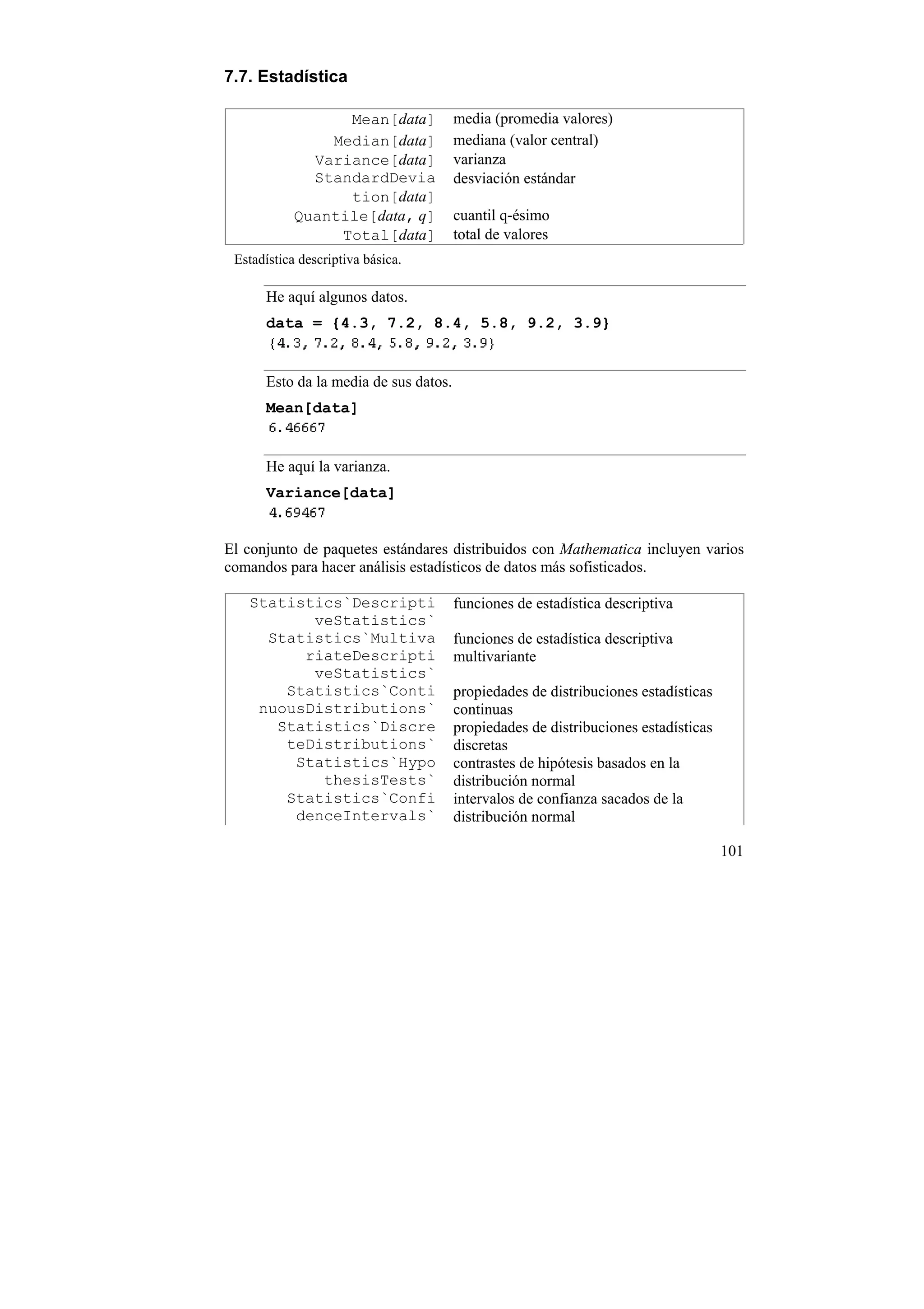 7.7. Estadística

                  Mean[data]           media (promedia valores)
                Median[data]           mediana (valor central)
              Variance[data]           varianza
              StandardDevia            desviación estándar
                  tion[data]
            Quantile[data, q]          cuantil q-ésimo
                 Total[data]           total de valores
 Estadística descriptiva básica.

      He aquí algunos datos.
      data = {4.3, 7.2, 8.4, 5.8, 9.2, 3.9}


      Esto da la media de sus datos.
      Mean[data]


      He aquí la varianza.
      Variance[data]


El conjunto de paquetes estándares distribuidos con Mathematica incluyen varios
comandos para hacer análisis estadísticos de datos más sofisticados.

   Statistics`Descripti                funciones de estadística descriptiva
          veStatistics`
     Statistics`Multiva                funciones de estadística descriptiva
         riateDescripti                multivariante
          veStatistics`
       Statistics`Conti                propiedades de distribuciones estadísticas
    nuousDistributions`                continuas
      Statistics`Discre                propiedades de distribuciones estadísticas
       teDistributions`                discretas
        Statistics`Hypo                contrastes de hipótesis basados en la
           thesisTests`                distribución normal
       Statistics`Confi                intervalos de confianza sacados de la
        denceIntervals`                distribución normal

                                                                                    101
 