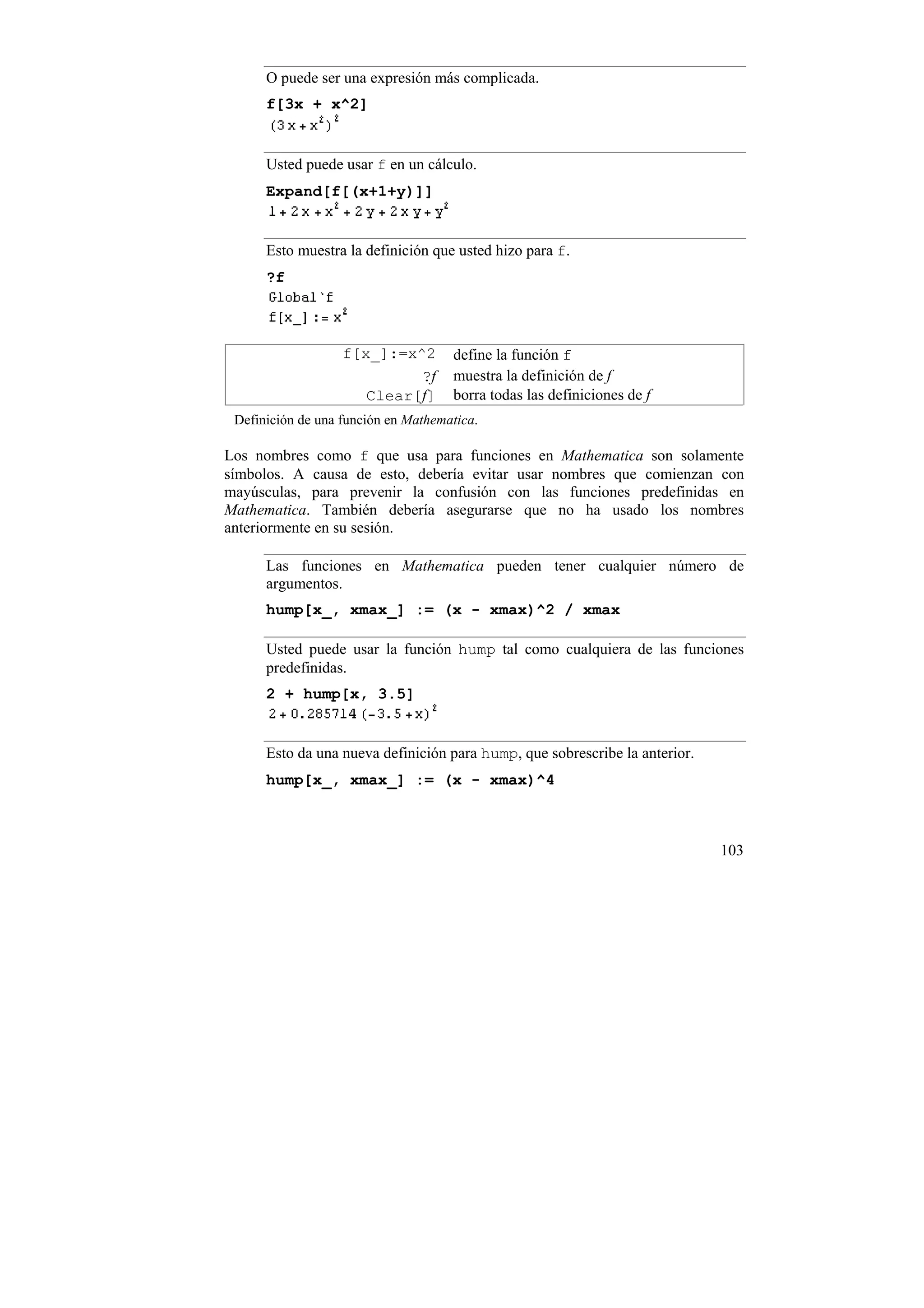 O puede ser una expresión más complicada.
      f[3x + x^2]


      Usted puede usar f en un cálculo.
      Expand[f[(x+1+y)]]


      Esto muestra la definición que usted hizo para f.
      ?f



                   f[x_]:=x^2        define la función f
                            ?f       muestra la definición de f
                      Clear[f]       borra todas las definiciones de f
 Definición de una función en Mathematica.

Los nombres como f que usa para funciones en Mathematica son solamente
símbolos. A causa de esto, debería evitar usar nombres que comienzan con
mayúsculas, para prevenir la confusión con las funciones predefinidas en
Mathematica. También debería asegurarse que no ha usado los nombres
anteriormente en su sesión.

      Las funciones en Mathematica pueden tener cualquier número de
      argumentos.
      hump[x_, xmax_] := (x - xmax)^2 / xmax

      Usted puede usar la función hump tal como cualquiera de las funciones
      predefinidas.
      2 + hump[x, 3.5]


      Esto da una nueva definición para hump, que sobrescribe la anterior.
      hump[x_, xmax_] := (x - xmax)^4



                                                                             103
 