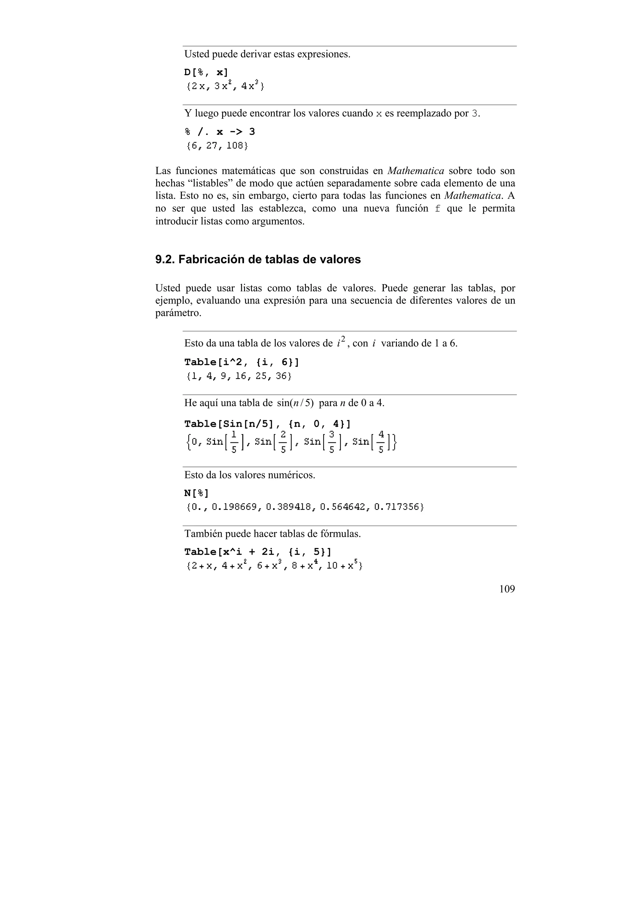 Usted puede derivar estas expresiones.
      D[%, x]


      Y luego puede encontrar los valores cuando x es reemplazado por 3.
      % /. x -> 3


Las funciones matemáticas que son construidas en Mathematica sobre todo son
hechas “listables” de modo que actúen separadamente sobre cada elemento de una
lista. Esto no es, sin embargo, cierto para todas las funciones en Mathematica. A
no ser que usted las establezca, como una nueva función f que le permita
introducir listas como argumentos.


9.2. Fabricación de tablas de valores

Usted puede usar listas como tablas de valores. Puede generar las tablas, por
ejemplo, evaluando una expresión para una secuencia de diferentes valores de un
parámetro.

      Esto da una tabla de los valores de i 2 , con i variando de 1 a 6.
      Table[i^2, {i, 6}]


      He aquí una tabla de sin(n / 5) para n de 0 a 4.
      Table[Sin[n/5], {n, 0, 4}]



      Esto da los valores numéricos.
      N[%]


      También puede hacer tablas de fórmulas.
      Table[x^i + 2i, {i, 5}]


                                                                             109
 