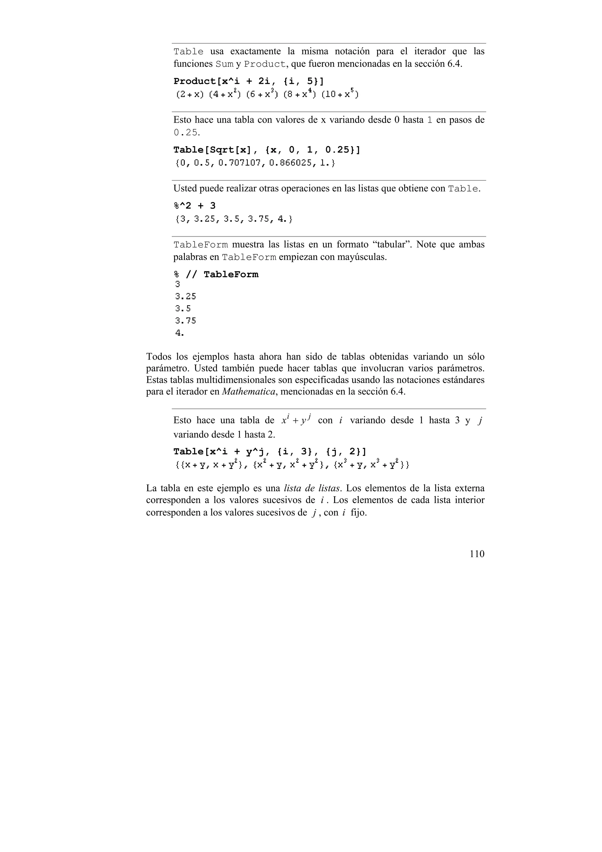 Table usa exactamente la misma notación para el iterador que las
      funciones Sum y Product, que fueron mencionadas en la sección 6.4.
      Product[x^i + 2i, {i, 5}]


      Esto hace una tabla con valores de x variando desde 0 hasta 1 en pasos de
      0.25.
      Table[Sqrt[x], {x, 0, 1, 0.25}]


      Usted puede realizar otras operaciones en las listas que obtiene con Table.
      %^2 + 3


      TableForm muestra las listas en un formato “tabular”. Note que ambas
      palabras en TableForm empiezan con mayúsculas.
      % // TableForm




Todos los ejemplos hasta ahora han sido de tablas obtenidas variando un sólo
parámetro. Usted también puede hacer tablas que involucran varios parámetros.
Estas tablas multidimensionales son especificadas usando las notaciones estándares
para el iterador en Mathematica, mencionadas en la sección 6.4.

      Esto hace una tabla de x i + y j con i variando desde 1 hasta 3 y j
      variando desde 1 hasta 2.
      Table[x^i + y^j, {i, 3}, {j, 2}]


La tabla en este ejemplo es una lista de listas. Los elementos de la lista externa
corresponden a los valores sucesivos de i . Los elementos de cada lista interior
corresponden a los valores sucesivos de j , con i fijo.



                                                                              110
 