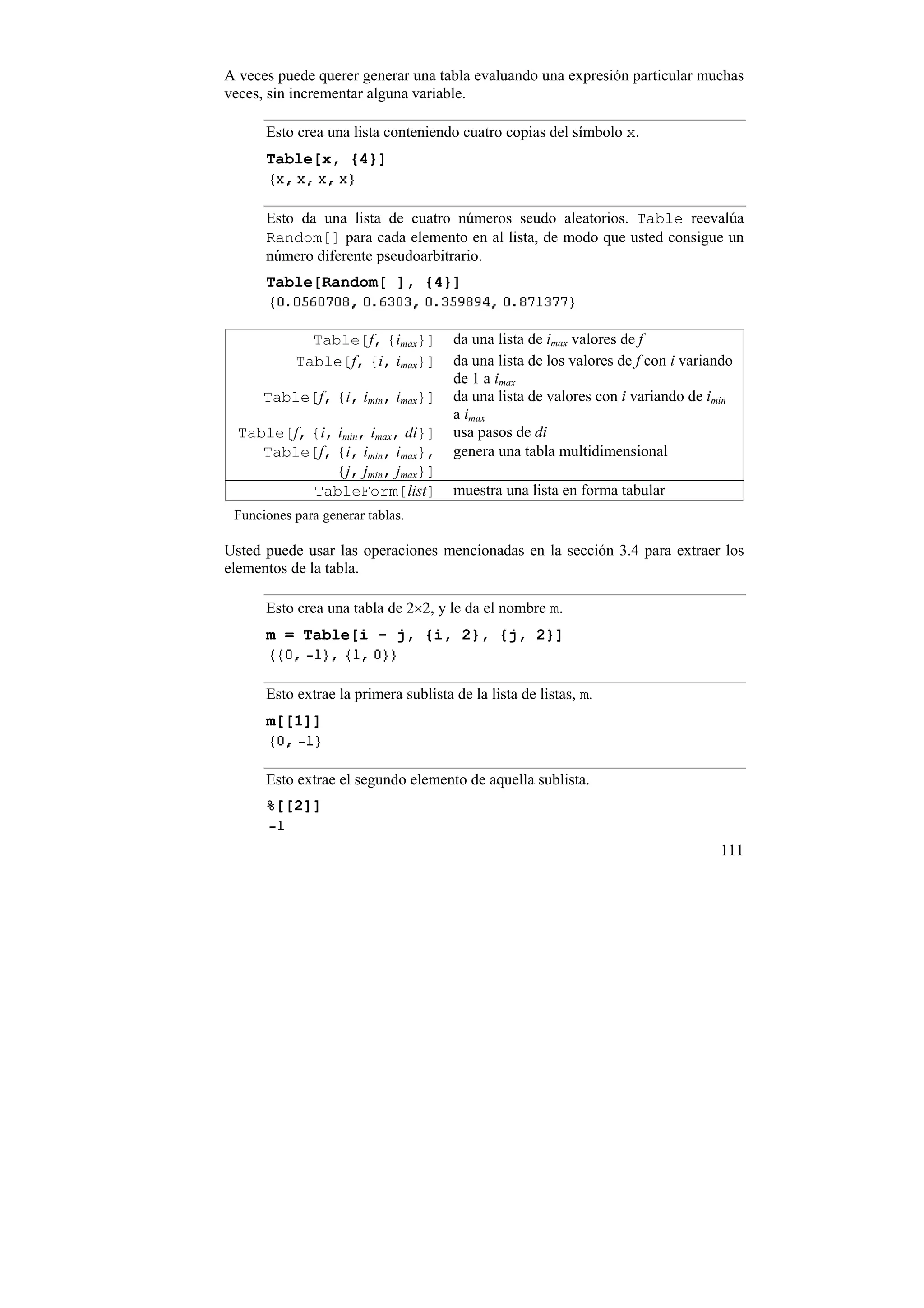 A veces puede querer generar una tabla evaluando una expresión particular muchas
veces, sin incrementar alguna variable.

      Esto crea una lista conteniendo cuatro copias del símbolo x.
      Table[x, {4}]


      Esto da una lista de cuatro números seudo aleatorios. Table reevalúa
      Random[] para cada elemento en al lista, de modo que usted consigue un
      número diferente pseudoarbitrario.
      Table[Random[ ], {4}]


             Table[f, {imax}]         da una lista de imax valores de f
           Table[f, {i, imax}]        da una lista de los valores de f con i variando
                                      de 1 a imax
      Table[f, {i, imin, imax}]       da una lista de valores con i variando de imin
                                      a imax
  Table[f, {i, imin, imax, di}]       usa pasos de di
     Table[f, {i, imin, imax},        genera una tabla multidimensional
               {j, jmin, jmax}]
           TableForm[list]            muestra una lista en forma tabular
 Funciones para generar tablas.

Usted puede usar las operaciones mencionadas en la sección 3.4 para extraer los
elementos de la tabla.

      Esto crea una tabla de 2×2, y le da el nombre m.
      m = Table[i - j, {i, 2}, {j, 2}]


      Esto extrae la primera sublista de la lista de listas, m.
      m[[1]]


      Esto extrae el segundo elemento de aquella sublista.
      %[[2]]

                                                                                  111
 