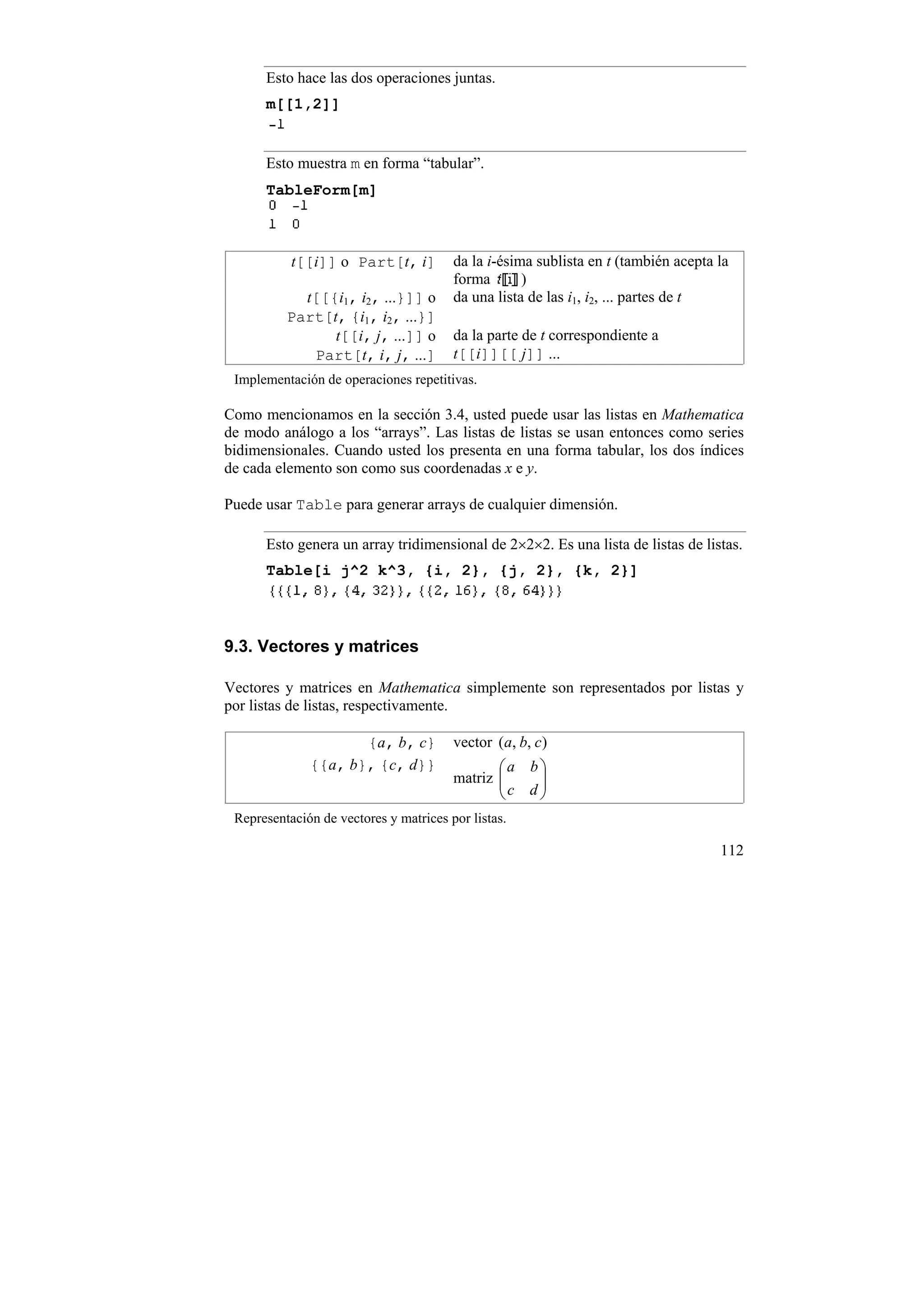 Esto hace las dos operaciones juntas.
      m[[1,2]]


      Esto muestra m en forma “tabular”.
      TableForm[m]



           t[[i]] o Part[t, i]          da la i-ésima sublista en t (también acepta la
                                        forma       )
            t[[{i1, i2, ...}]] o        da una lista de las i1, i2, ... partes de t
          Part[t, {i1, i2, ...}]
                t[[i, j, ...]] o        da la parte de t correspondiente a
             Part[t, i, j, ...]         t[[i]][[ j]] ...
 Implementación de operaciones repetitivas.

Como mencionamos en la sección 3.4, usted puede usar las listas en Mathematica
de modo análogo a los “arrays”. Las listas de listas se usan entonces como series
bidimensionales. Cuando usted los presenta en una forma tabular, los dos índices
de cada elemento son como sus coordenadas x e y.

Puede usar Table para generar arrays de cualquier dimensión.

      Esto genera un array tridimensional de 2×2×2. Es una lista de listas de listas.
      Table[i j^2 k^3, {i, 2}, {j, 2}, {k, 2}]



9.3. Vectores y matrices

Vectores y matrices en Mathematica simplemente son representados por listas y
por listas de listas, respectivamente.

                     {a, b, c}          vector (a, b, c)
              {{a, b}, {c, d}}                 a b 
                                        matriz 
                                               c d 
                                                    
                                                   
 Representación de vectores y matrices por listas.

                                                                                    112
 
