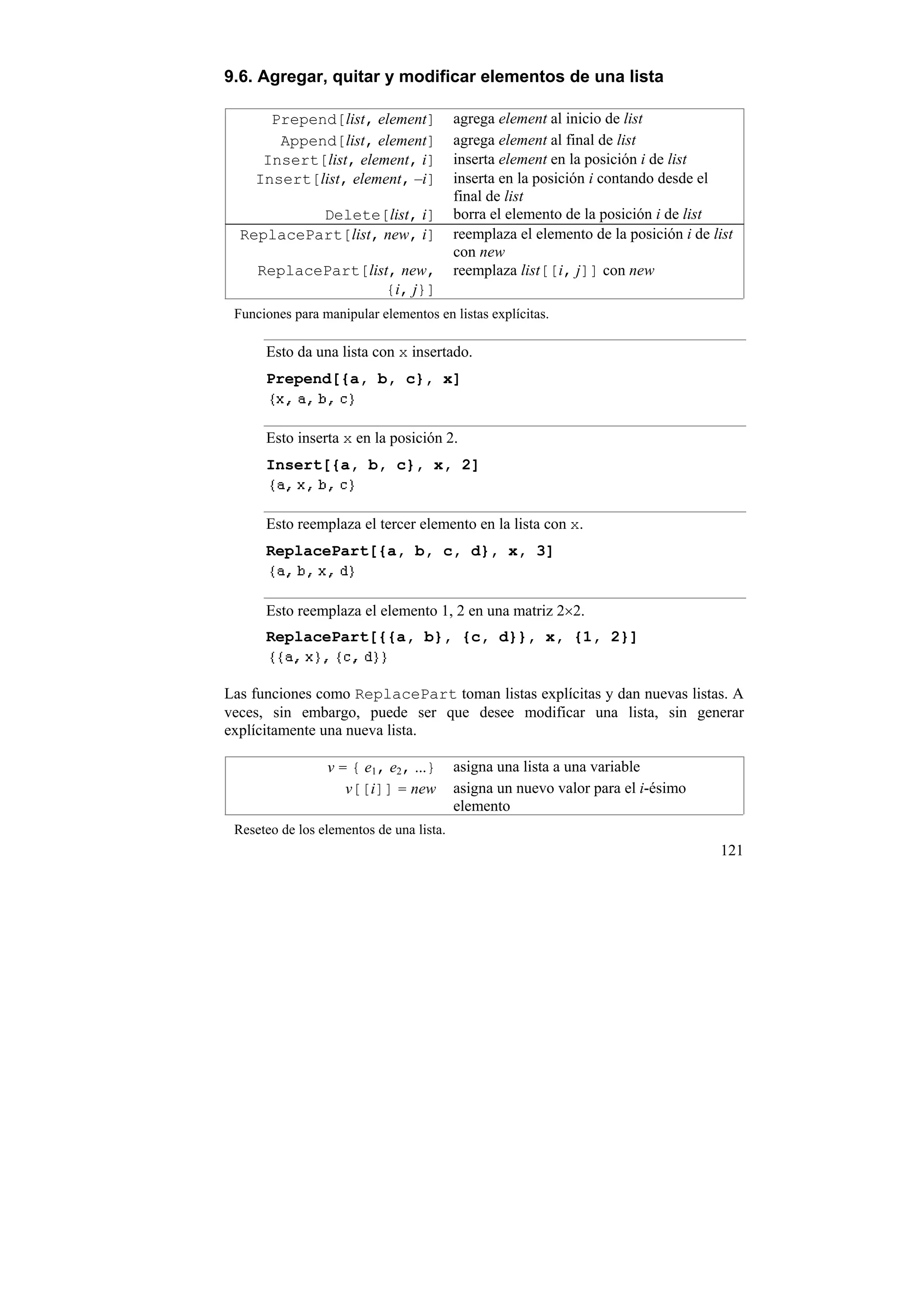 9.6. Agregar, quitar y modificar elementos de una lista

      Prepend[list, element]              agrega element al inicio de list
       Append[list, element]              agrega element al final de list
     Insert[list, element, i]             inserta element en la posición i de list
    Insert[list, element, –i]             inserta en la posición i contando desde el
                                          final de list
           Delete[list, i]                borra el elemento de la posición i de list
  ReplacePart[list, new, i]               reemplaza el elemento de la posición i de list
                                          con new
     ReplacePart[list, new,               reemplaza list[[i, j]] con new
                    {i, j}]
 Funciones para manipular elementos en listas explícitas.

      Esto da una lista con x insertado.
      Prepend[{a, b, c}, x]


      Esto inserta x en la posición 2.
      Insert[{a, b, c}, x, 2]


      Esto reemplaza el tercer elemento en la lista con x.
      ReplacePart[{a, b, c, d}, x, 3]


      Esto reemplaza el elemento 1, 2 en una matriz 2×2.
      ReplacePart[{{a, b}, {c, d}}, x, {1, 2}]


Las funciones como ReplacePart toman listas explícitas y dan nuevas listas. A
veces, sin embargo, puede ser que desee modificar una lista, sin generar
explícitamente una nueva lista.

                 v = { e1, e2, ...}       asigna una lista a una variable
                    v[[i]] = new          asigna un nuevo valor para el i-ésimo
                                          elemento
 Reseteo de los elementos de una lista.
                                                                                     121
 