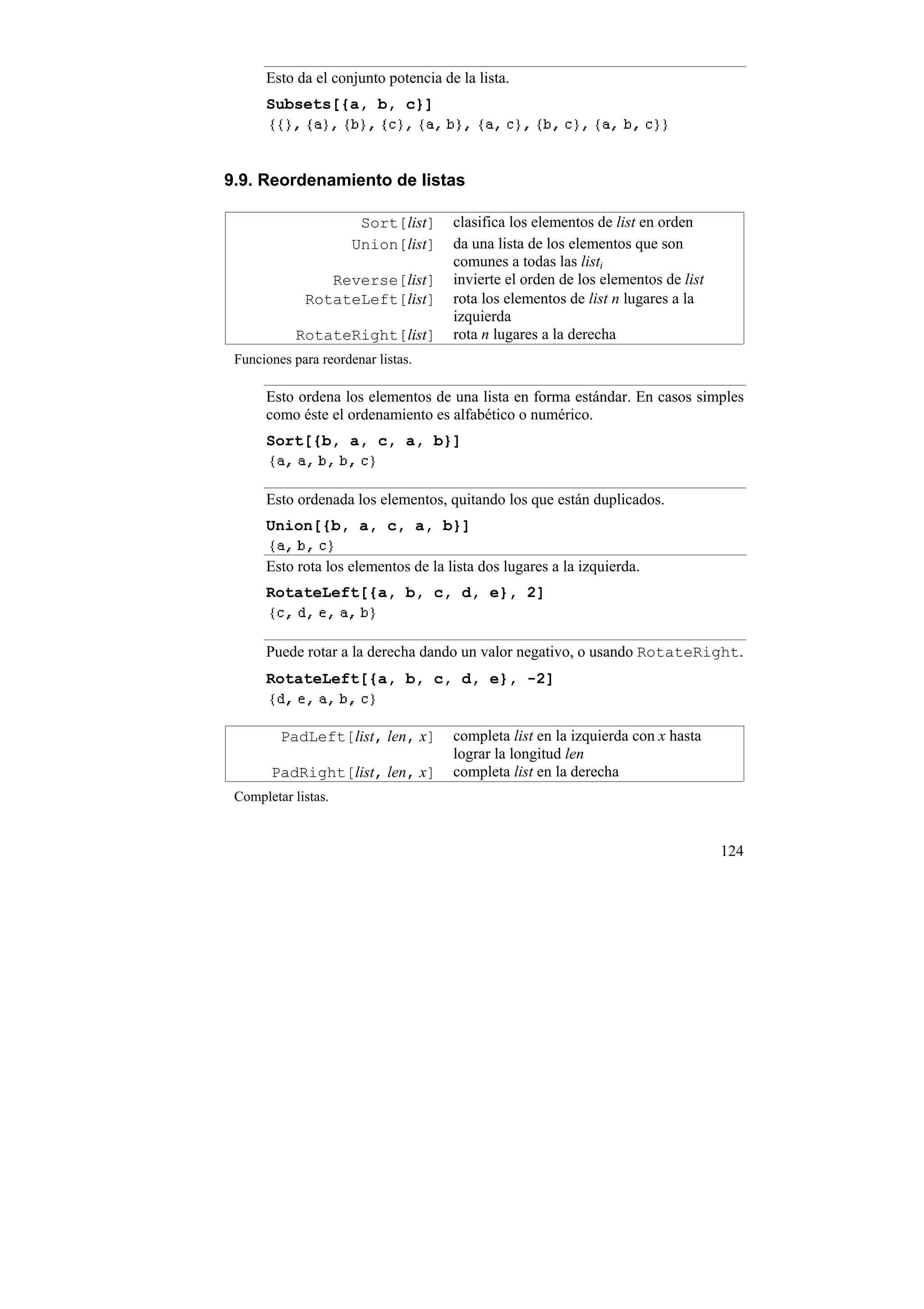 Esto da el conjunto potencia de la lista.
      Subsets[{a, b, c}]



9.9. Reordenamiento de listas

                       Sort[list]    clasifica los elementos de list en orden
                      Union[list]    da una lista de los elementos que son
                                     comunes a todas las listi
                Reverse[list]        invierte el orden de los elementos de list
             RotateLeft[list]        rota los elementos de list n lugares a la
                                     izquierda
            RotateRight[list]        rota n lugares a la derecha
 Funciones para reordenar listas.

      Esto ordena los elementos de una lista en forma estándar. En casos simples
      como éste el ordenamiento es alfabético o numérico.
      Sort[{b, a, c, a, b}]


      Esto ordenada los elementos, quitando los que están duplicados.
      Union[{b, a, c, a, b}]

      Esto rota los elementos de la lista dos lugares a la izquierda.
      RotateLeft[{a, b, c, d, e}, 2]


      Puede rotar a la derecha dando un valor negativo, o usando RotateRight.
      RotateLeft[{a, b, c, d, e}, -2]


         PadLeft[list, len, x]       completa list en la izquierda con x hasta
                                     lograr la longitud len
       PadRight[list, len, x]        completa list en la derecha
 Completar listas.


                                                                                  124
 