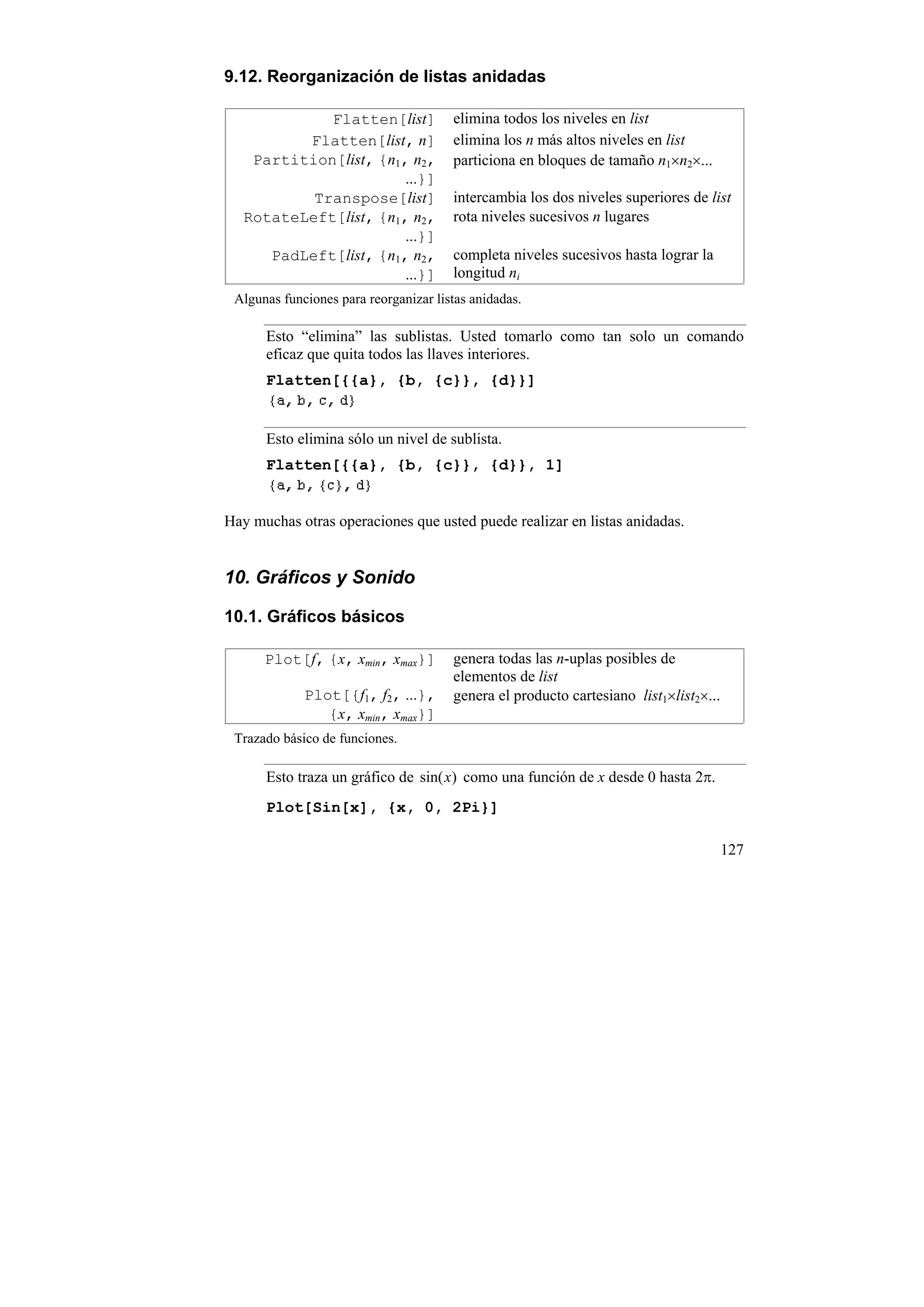 9.12. Reorganización de listas anidadas

             Flatten[list]             elimina todos los niveles en list
          Flatten[list, n]             elimina los n más altos niveles en list
    Partition[list, {n1, n2,           particiona en bloques de tamaño n1×n2×...
                        ...}]
           Transpose[list]             intercambia los dos niveles superiores de list
   RotateLeft[list, {n1, n2,           rota niveles sucesivos n lugares
                        ...}]
      PadLeft[list, {n1, n2,           completa niveles sucesivos hasta lograr la
                        ...}]          longitud ni
 Algunas funciones para reorganizar listas anidadas.

      Esto “elimina” las sublistas. Usted tomarlo como tan solo un comando
      eficaz que quita todos las llaves interiores.
      Flatten[{{a}, {b, {c}}, {d}}]


      Esto elimina sólo un nivel de sublista.
      Flatten[{{a}, {b, {c}}, {d}}, 1]


Hay muchas otras operaciones que usted puede realizar en listas anidadas.


10. Gráficos y Sonido

10.1. Gráficos básicos

      Plot[f, {x, xmin, xmax}]         genera todas las n-uplas posibles de
                                       elementos de list
             Plot[{f1, f2, ...},       genera el producto cartesiano list1×list2×...
                {x, xmin, xmax}]
 Trazado básico de funciones.

      Esto traza un gráfico de sin( x) como una función de x desde 0 hasta 2π.
      Plot[Sin[x], {x, 0, 2Pi}]

                                                                                       127
 