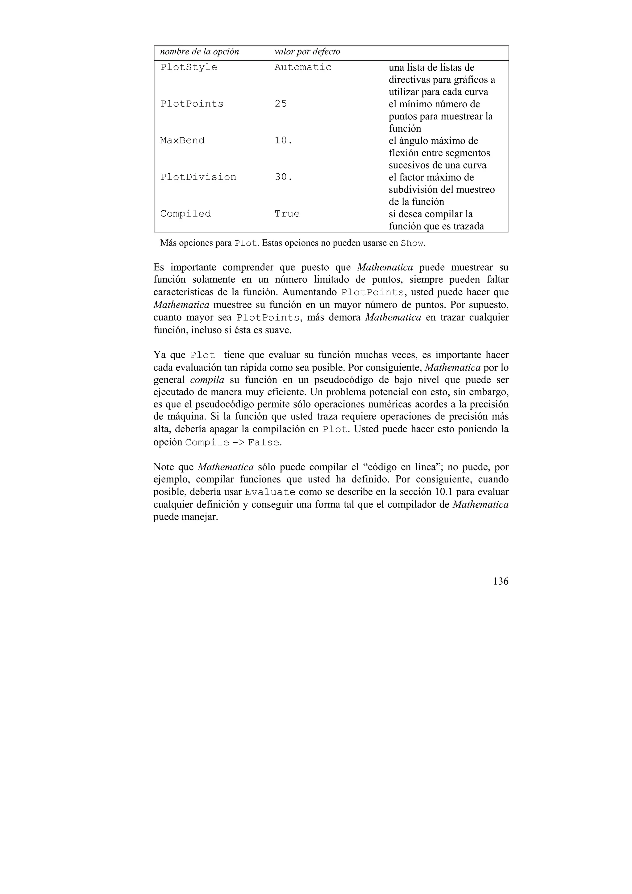 nombre de la opción        valor por defecto
 PlotStyle                  Automatic                   una lista de listas de
                                                        directivas para gráficos a
                                                        utilizar para cada curva
 PlotPoints                 25                          el mínimo número de
                                                        puntos para muestrear la
                                                        función
 MaxBend                    10.                         el ángulo máximo de
                                                        flexión entre segmentos
                                                        sucesivos de una curva
 PlotDivision               30.                         el factor máximo de
                                                        subdivisión del muestreo
                                                        de la función
 Compiled                   True                        si desea compilar la
                                                        función que es trazada
 Más opciones para Plot. Estas opciones no pueden usarse en Show.

Es importante comprender que puesto que Mathematica puede muestrear su
función solamente en un número limitado de puntos, siempre pueden faltar
características de la función. Aumentando PlotPoints, usted puede hacer que
Mathematica muestree su función en un mayor número de puntos. Por supuesto,
cuanto mayor sea PlotPoints, más demora Mathematica en trazar cualquier
función, incluso si ésta es suave.

Ya que Plot tiene que evaluar su función muchas veces, es importante hacer
cada evaluación tan rápida como sea posible. Por consiguiente, Mathematica por lo
general compila su función en un pseudocódigo de bajo nivel que puede ser
ejecutado de manera muy eficiente. Un problema potencial con esto, sin embargo,
es que el pseudocódigo permite sólo operaciones numéricas acordes a la precisión
de máquina. Si la función que usted traza requiere operaciones de precisión más
alta, debería apagar la compilación en Plot. Usted puede hacer esto poniendo la
opción Compile -> False.

Note que Mathematica sólo puede compilar el “código en línea”; no puede, por
ejemplo, compilar funciones que usted ha definido. Por consiguiente, cuando
posible, debería usar Evaluate como se describe en la sección 10.1 para evaluar
cualquier definición y conseguir una forma tal que el compilador de Mathematica
puede manejar.




                                                                                 136
 