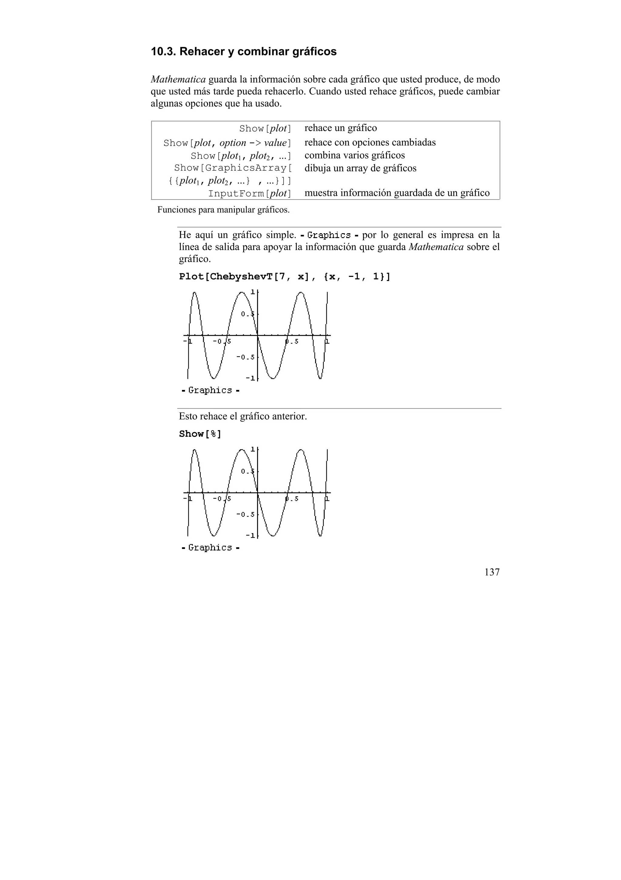 10.3. Rehacer y combinar gráficos

Mathematica guarda la información sobre cada gráfico que usted produce, de modo
que usted más tarde pueda rehacerlo. Cuando usted rehace gráficos, puede cambiar
algunas opciones que ha usado.

                    Show[plot]        rehace un gráfico
  Show[plot, option -> value]         rehace con opciones cambiadas
       Show[plot1, plot2, ...]        combina varios gráficos
    Show[GraphicsArray[               dibuja un array de gráficos
   {{plot1, plot2, ...} , ...}]]
            InputForm[plot]           muestra información guardada de un gráfico
 Funciones para manipular gráficos.

      He aquí un gráfico simple.                  por lo general es impresa en la
      línea de salida para apoyar la información que guarda Mathematica sobre el
      gráfico.
      Plot[ChebyshevT[7, x], {x, -1, 1}]




      Esto rehace el gráfico anterior.
      Show[%]




                                                                              137
 