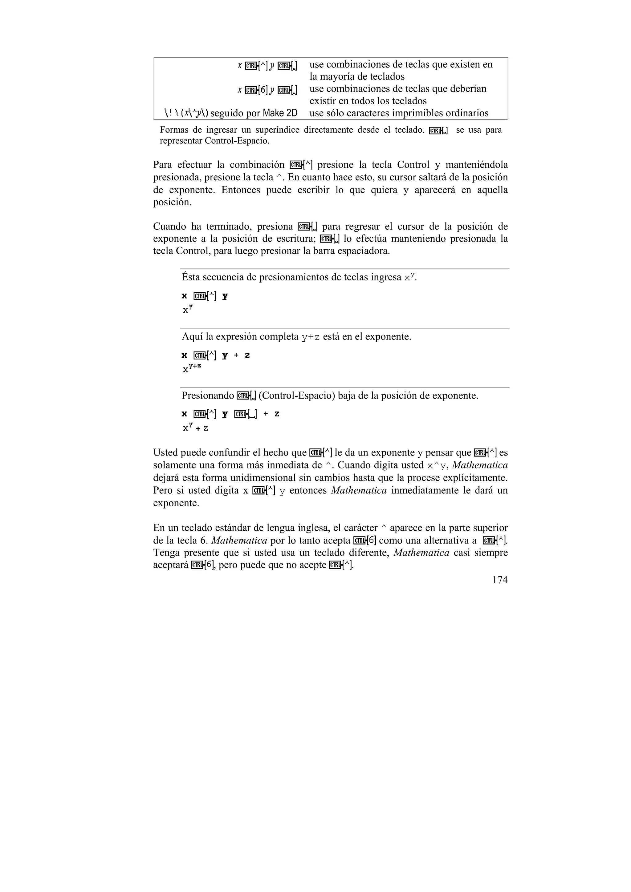 use combinaciones de teclas que existen en
                                     la mayoría de teclados
                                     use combinaciones de teclas que deberían
                                     existir en todos los teclados
             seguido por Make 2D     use sólo caracteres imprimibles ordinarios
 Formas de ingresar un superíndice directamente desde el teclado.        se usa para
 representar Control-Espacio.

Para efectuar la combinación           presione la tecla Control y manteniéndola
presionada, presione la tecla ^. En cuanto hace esto, su cursor saltará de la posición
de exponente. Entonces puede escribir lo que quiera y aparecerá en aquella
posición.

Cuando ha terminado, presiona            para regresar el cursor de la posición de
exponente a la posición de escritura;         lo efectúa manteniendo presionada la
tecla Control, para luego presionar la barra espaciadora.

      Ésta secuencia de presionamientos de teclas ingresa xy.




      Aquí la expresión completa y+z está en el exponente.




      Presionando        (Control-Espacio) baja de la posición de exponente.




Usted puede confundir el hecho que      le da un exponente y pensar que        es
solamente una forma más inmediata de ^. Cuando digita usted x^y, Mathematica
dejará esta forma unidimensional sin cambios hasta que la procese explícitamente.
Pero si usted digita x      y entonces Mathematica inmediatamente le dará un
exponente.

En un teclado estándar de lengua inglesa, el carácter ^ aparece en la parte superior
de la tecla 6. Mathematica por lo tanto acepta       como una alternativa a        .
Tenga presente que si usted usa un teclado diferente, Mathematica casi siempre
aceptará       , pero puede que no acepte      .
                                                                                174
 