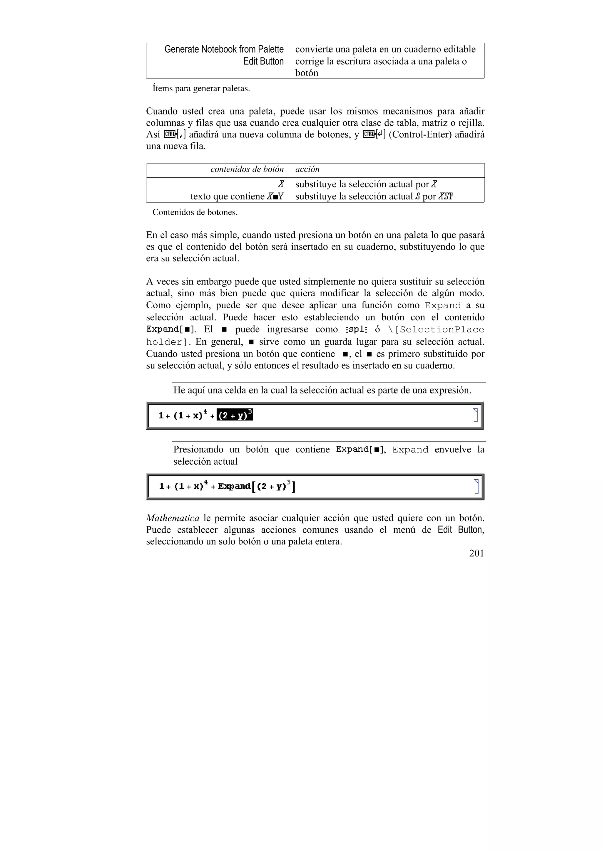 Generate Notebook from Palette     convierte una paleta en un cuaderno editable
                        Edit Button    corrige la escritura asociada a una paleta o
                                       botón
 Ítems para generar paletas.

Cuando usted crea una paleta, puede usar los mismos mecanismos para añadir
columnas y filas que usa cuando crea cualquier otra clase de tabla, matriz o rejilla.
Así       añadirá una nueva columna de botones, y          (Control-Enter) añadirá
una nueva fila.

                 contenidos de botón   acción
                                       substituye la selección actual por
           texto que contiene          substituye la selección actual por
 Contenidos de botones.

En el caso más simple, cuando usted presiona un botón en una paleta lo que pasará
es que el contenido del botón será insertado en su cuaderno, substituyendo lo que
era su selección actual.

A veces sin embargo puede que usted simplemente no quiera sustituir su selección
actual, sino más bien puede que quiera modificar la selección de algún modo.
Como ejemplo, puede ser que desee aplicar una función como Expand a su
selección actual. Puede hacer esto estableciendo un botón con el contenido
            . El       puede ingresarse como               ó [SelectionPlace
holder]. En general,         sirve como un guarda lugar para su selección actual.
Cuando usted presiona un botón que contiene , el es primero substituido por
su selección actual, y sólo entonces el resultado es insertado en su cuaderno.

      He aquí una celda en la cual la selección actual es parte de una expresión.




      Presionando un botón que contiene                     , Expand envuelve la
      selección actual




Mathematica le permite asociar cualquier acción que usted quiere con un botón.
Puede establecer algunas acciones comunes usando el menú de Edit Button,
seleccionando un solo botón o una paleta entera.
                                                                          201
 