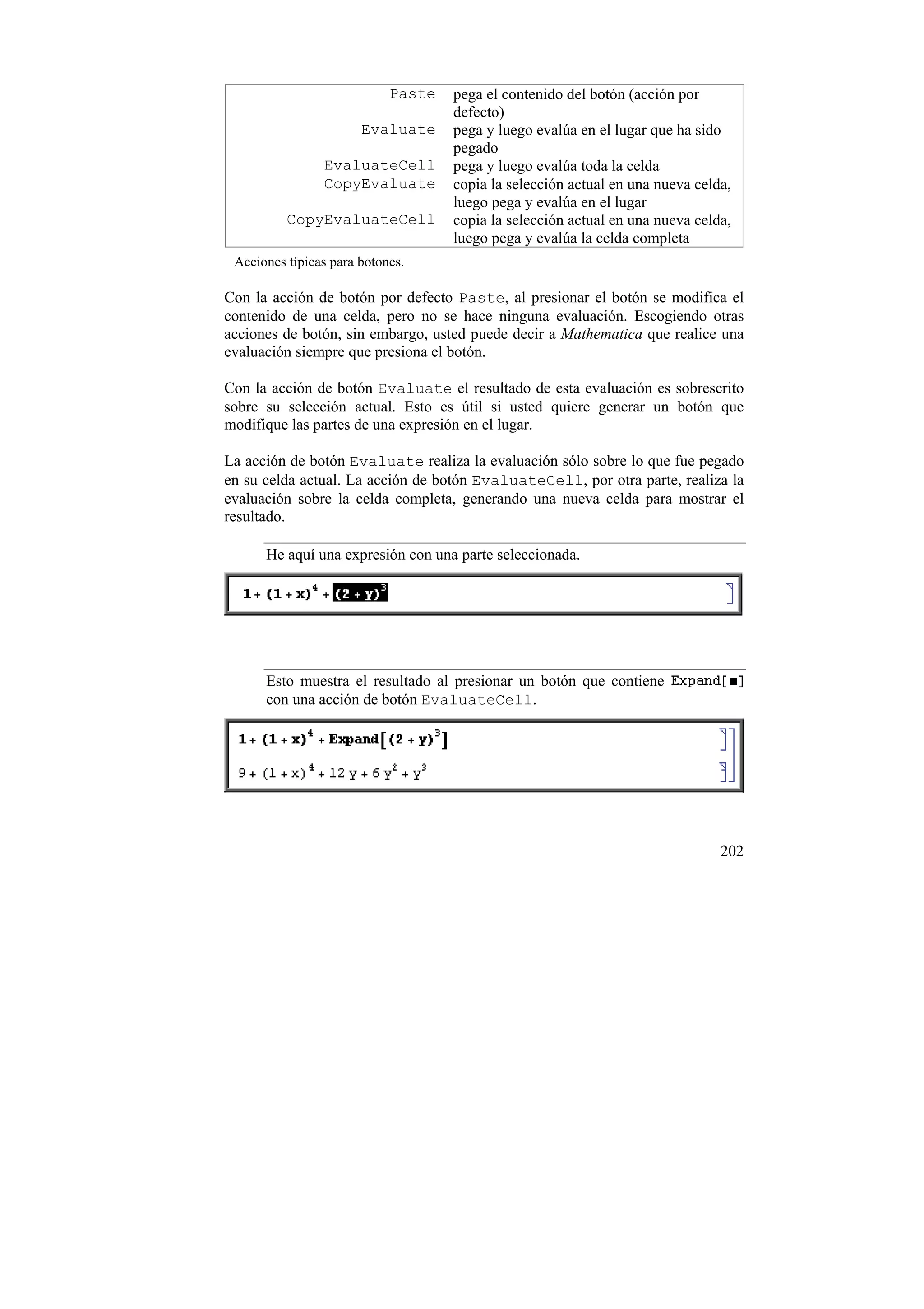 Paste   pega el contenido del botón (acción por
                                    defecto)
                       Evaluate     pega y luego evalúa en el lugar que ha sido
                                    pegado
                EvaluateCell        pega y luego evalúa toda la celda
                CopyEvaluate        copia la selección actual en una nueva celda,
                                    luego pega y evalúa en el lugar
          CopyEvaluateCell          copia la selección actual en una nueva celda,
                                    luego pega y evalúa la celda completa
 Acciones típicas para botones.

Con la acción de botón por defecto Paste, al presionar el botón se modifica el
contenido de una celda, pero no se hace ninguna evaluación. Escogiendo otras
acciones de botón, sin embargo, usted puede decir a Mathematica que realice una
evaluación siempre que presiona el botón.

Con la acción de botón Evaluate el resultado de esta evaluación es sobrescrito
sobre su selección actual. Esto es útil si usted quiere generar un botón que
modifique las partes de una expresión en el lugar.

La acción de botón Evaluate realiza la evaluación sólo sobre lo que fue pegado
en su celda actual. La acción de botón EvaluateCell, por otra parte, realiza la
evaluación sobre la celda completa, generando una nueva celda para mostrar el
resultado.

      He aquí una expresión con una parte seleccionada.




      Esto muestra el resultado al presionar un botón que contiene
      con una acción de botón EvaluateCell.




                                                                               202
 