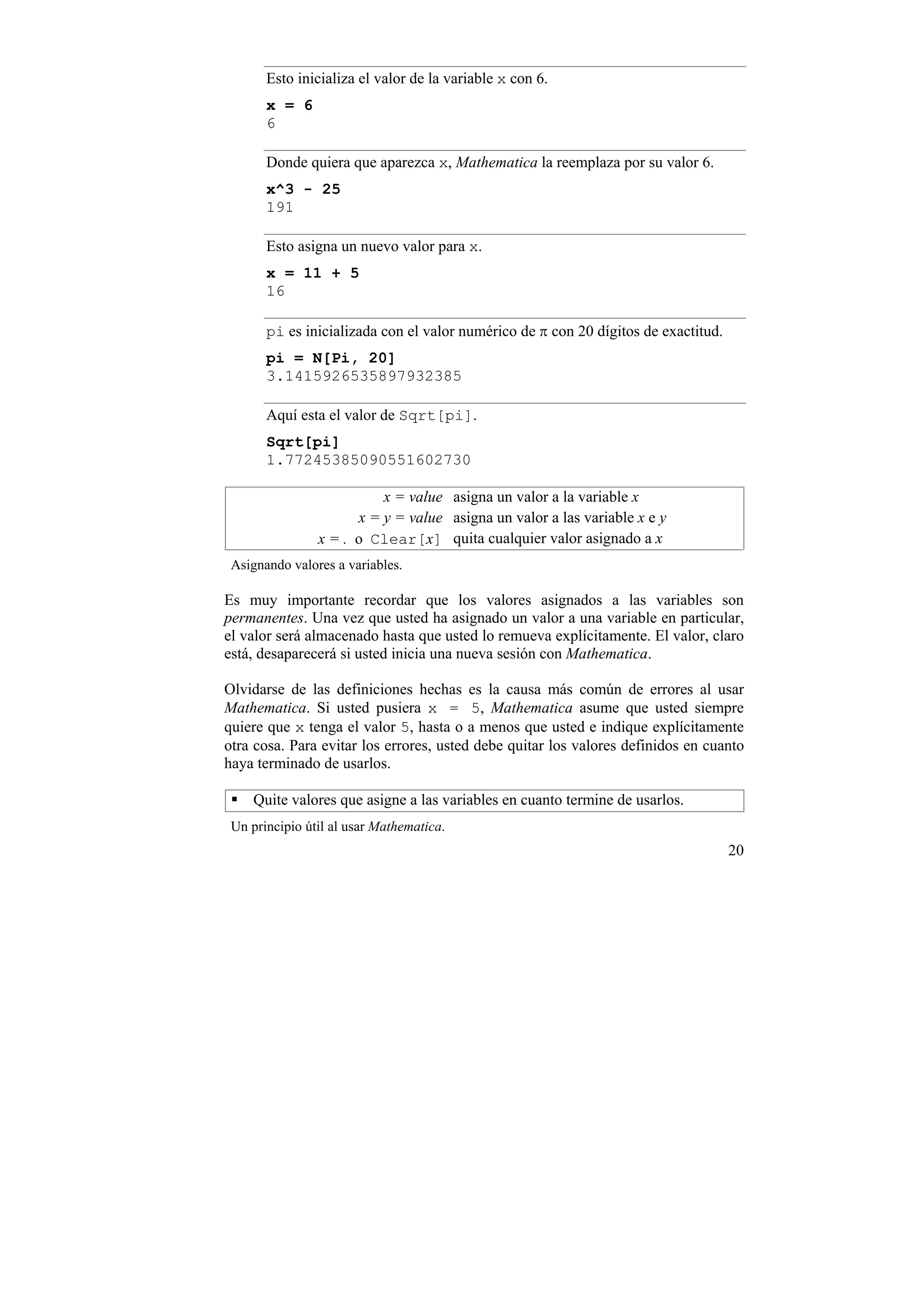 Esto inicializa el valor de la variable x con 6.
       x = 6
       6

       Donde quiera que aparezca x, Mathematica la reemplaza por su valor 6.
       x^3 - 25
       191

       Esto asigna un nuevo valor para x.
       x = 11 + 5
       16

       pi es inicializada con el valor numérico de π con 20 dígitos de exactitud.
       pi = N[Pi, 20]
       3.1415926535897932385

       Aquí esta el valor de Sqrt[pi].
       Sqrt[pi]
       1.77245385090551602730

                          x = value asigna un valor a la variable x
                      x = y = value asigna un valor a las variable x e y
                x = . o Clear[x] quita cualquier valor asignado a x
 Asignando valores a variables.

Es muy importante recordar que los valores asignados a las variables son
permanentes. Una vez que usted ha asignado un valor a una variable en particular,
el valor será almacenado hasta que usted lo remueva explícitamente. El valor, claro
está, desaparecerá si usted inicia una nueva sesión con Mathematica.

Olvidarse de las definiciones hechas es la causa más común de errores al usar
Mathematica. Si usted pusiera x = 5, Mathematica asume que usted siempre
quiere que x tenga el valor 5, hasta o a menos que usted e indique explícitamente
otra cosa. Para evitar los errores, usted debe quitar los valores definidos en cuanto
haya terminado de usarlos.

    Quite valores que asigne a las variables en cuanto termine de usarlos.
 Un principio útil al usar Mathematica.
                                                                                    20
 
