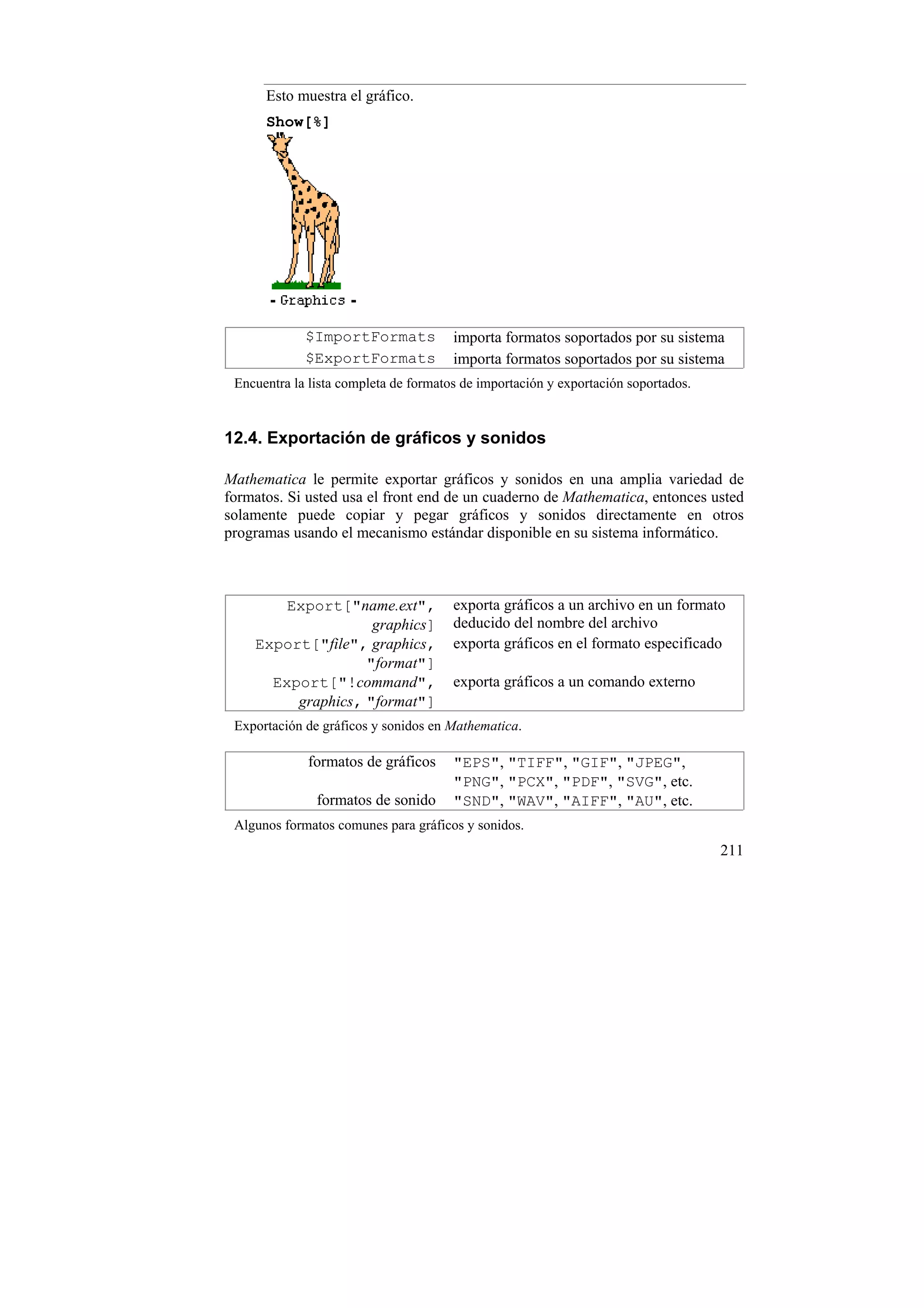 Esto muestra el gráfico.
      Show[%]




             $ImportFormats            importa formatos soportados por su sistema
             $ExportFormats            importa formatos soportados por su sistema
 Encuentra la lista completa de formatos de importación y exportación soportados.


12.4. Exportación de gráficos y sonidos

Mathematica le permite exportar gráficos y sonidos en una amplia variedad de
formatos. Si usted usa el front end de un cuaderno de Mathematica, entonces usted
solamente puede copiar y pegar gráficos y sonidos directamente en otros
programas usando el mecanismo estándar disponible en su sistema informático.



        Export["name.ext",             exporta gráficos a un archivo en un formato
                    graphics]          deducido del nombre del archivo
    Export["file", graphics,           exporta gráficos en el formato especificado
                   "format"]
      Export["!command",               exporta gráficos a un comando externo
         graphics, "format"]
 Exportación de gráficos y sonidos en Mathematica.

             formatos de gráficos      "EPS", "TIFF", "GIF", "JPEG",
                                       "PNG", "PCX", "PDF", "SVG", etc.
               formatos de sonido      "SND", "WAV", "AIFF", "AU", etc.
 Algunos formatos comunes para gráficos y sonidos.
                                                                                    211
 